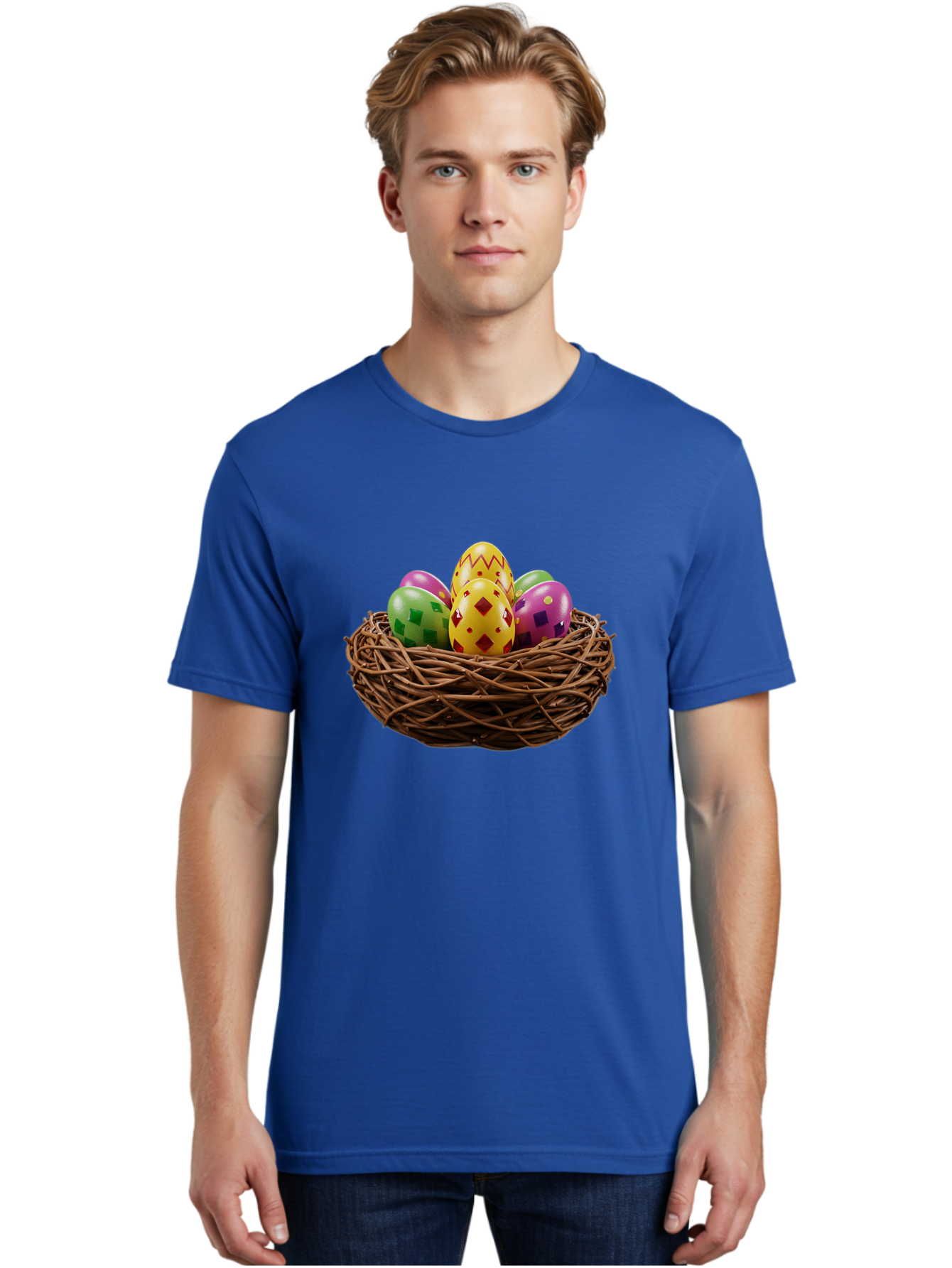 Easter-Eggs-9 Men'S Graphic Tee, 100% Cotton, Comfortable Casual Summer Wear, Machine Washable, Easter Eggs, Colorful Patterns, Diamond Shapes, Checkered Designs, Festive Decorations, Spring Holiday, Colorful Eggs, Decorative Nest Baa614