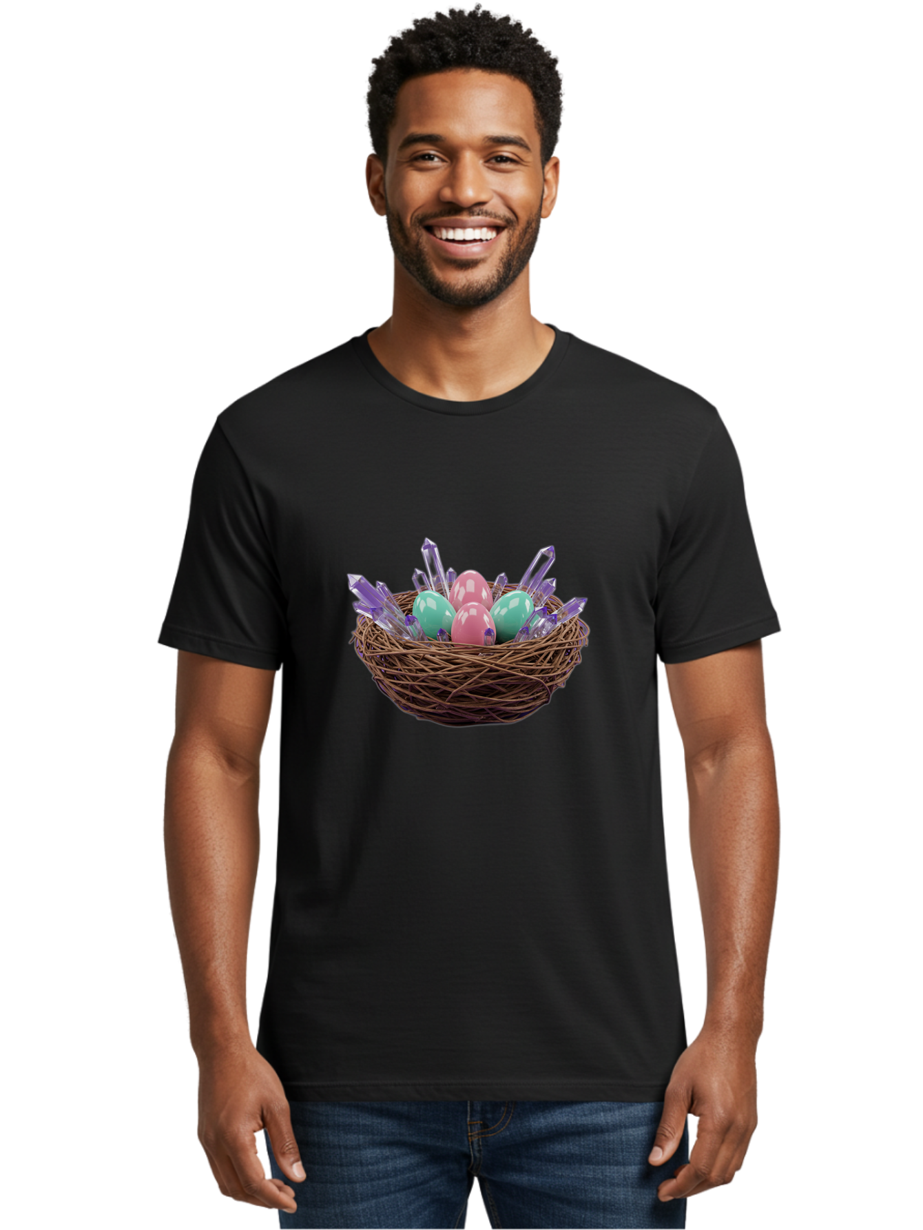 Easter-Eggs-In-Nest-2 Men'S Graphic Tee, 100% Cotton, Comfortable Casual Summer Wear, Machine Washable, Bird'S Nest, Shiny Eggs, Crystal Decorations, Pastel Colors, Easter Theme, Festive Decor, Spring Symbols, Jewelry-Inspired Design, Baa618