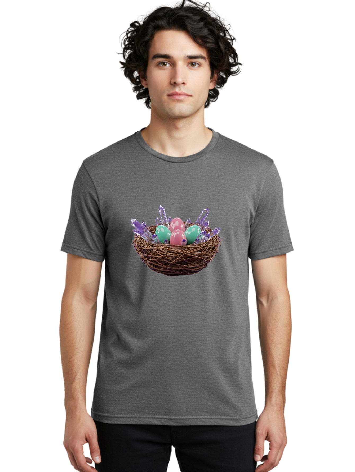 Easter-Eggs-In-Nest-2 Men'S Graphic Tee, 100% Cotton, Comfortable Casual Summer Wear, Machine Washable, Bird'S Nest, Shiny Eggs, Crystal Decorations, Pastel Colors, Easter Theme, Festive Decor, Spring Symbols, Jewelry-Inspired Design, Baa618