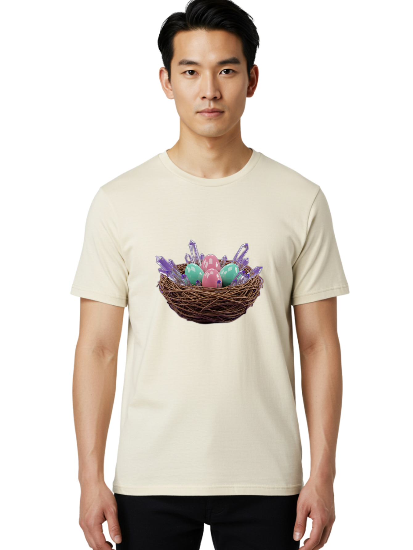 Easter-Eggs-In-Nest-2 Men'S Graphic Tee, 100% Cotton, Comfortable Casual Summer Wear, Machine Washable, Bird'S Nest, Shiny Eggs, Crystal Decorations, Pastel Colors, Easter Theme, Festive Decor, Spring Symbols, Jewelry-Inspired Design, Baa618
