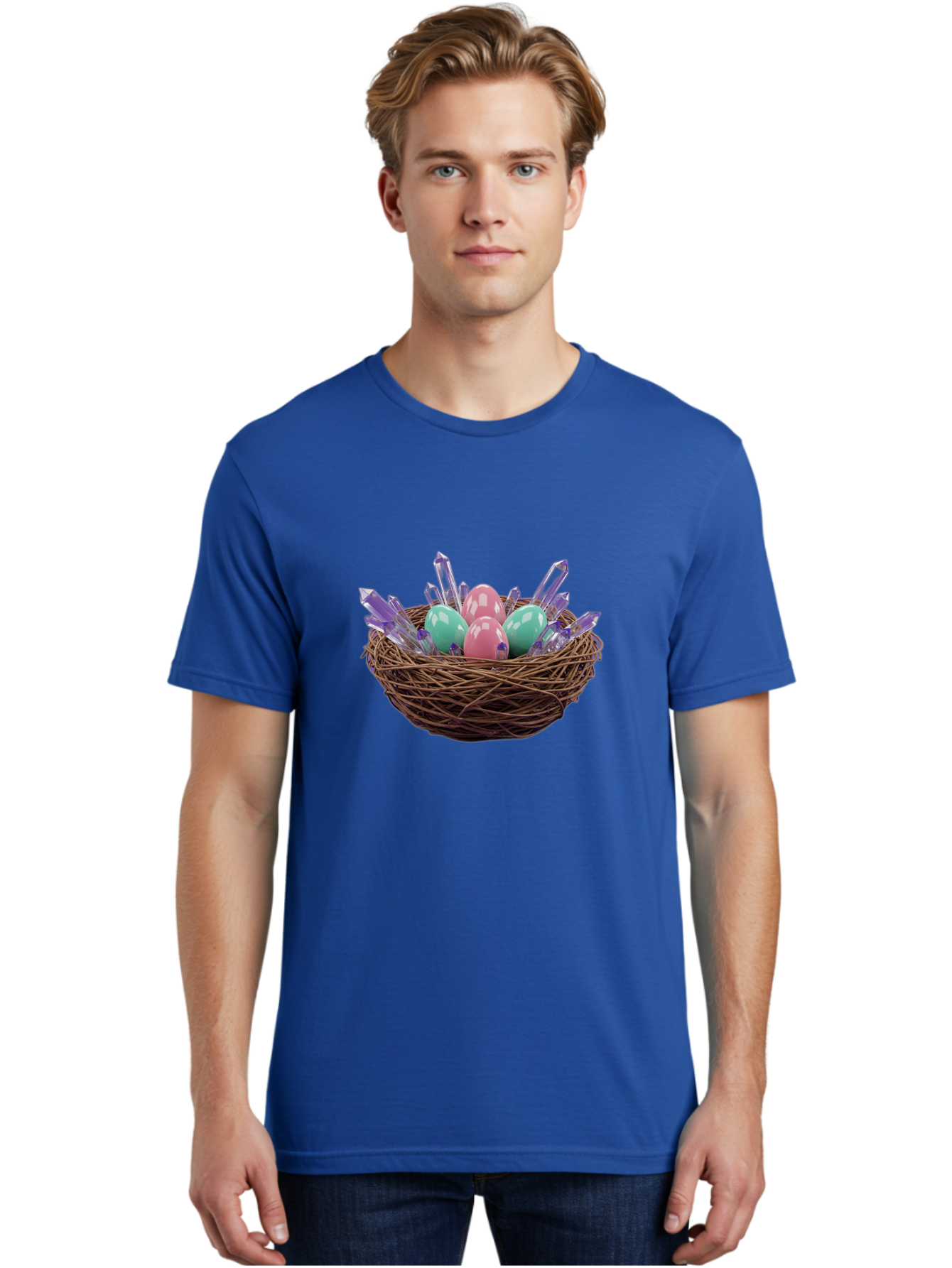 Easter-Eggs-In-Nest-2 Men'S Graphic Tee, 100% Cotton, Comfortable Casual Summer Wear, Machine Washable, Bird'S Nest, Shiny Eggs, Crystal Decorations, Pastel Colors, Easter Theme, Festive Decor, Spring Symbols, Jewelry-Inspired Design, Baa618