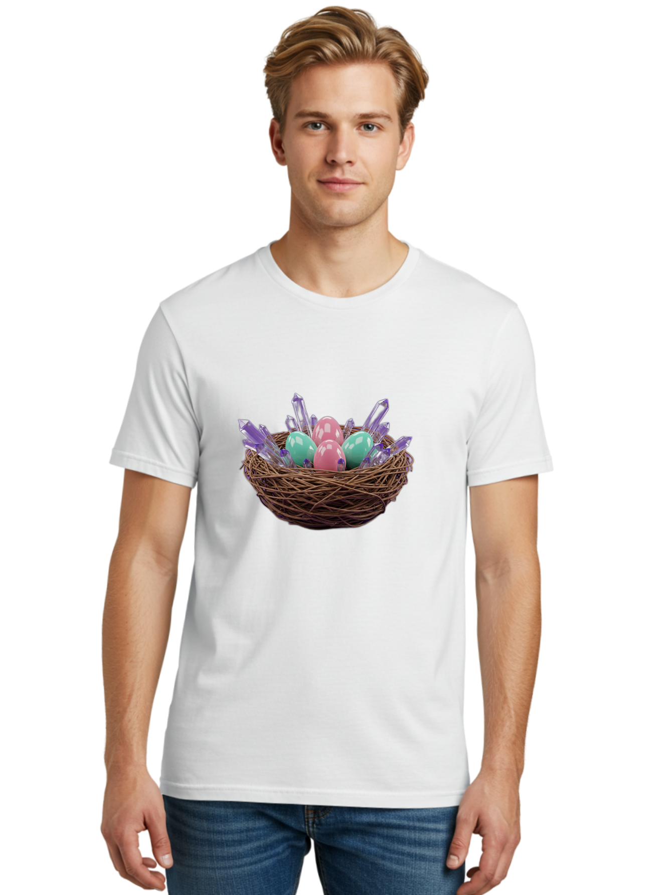 Easter-Eggs-In-Nest-2 Men'S Graphic Tee, 100% Cotton, Comfortable Casual Summer Wear, Machine Washable, Bird'S Nest, Shiny Eggs, Crystal Decorations, Pastel Colors, Easter Theme, Festive Decor, Spring Symbols, Jewelry-Inspired Design, Baa618