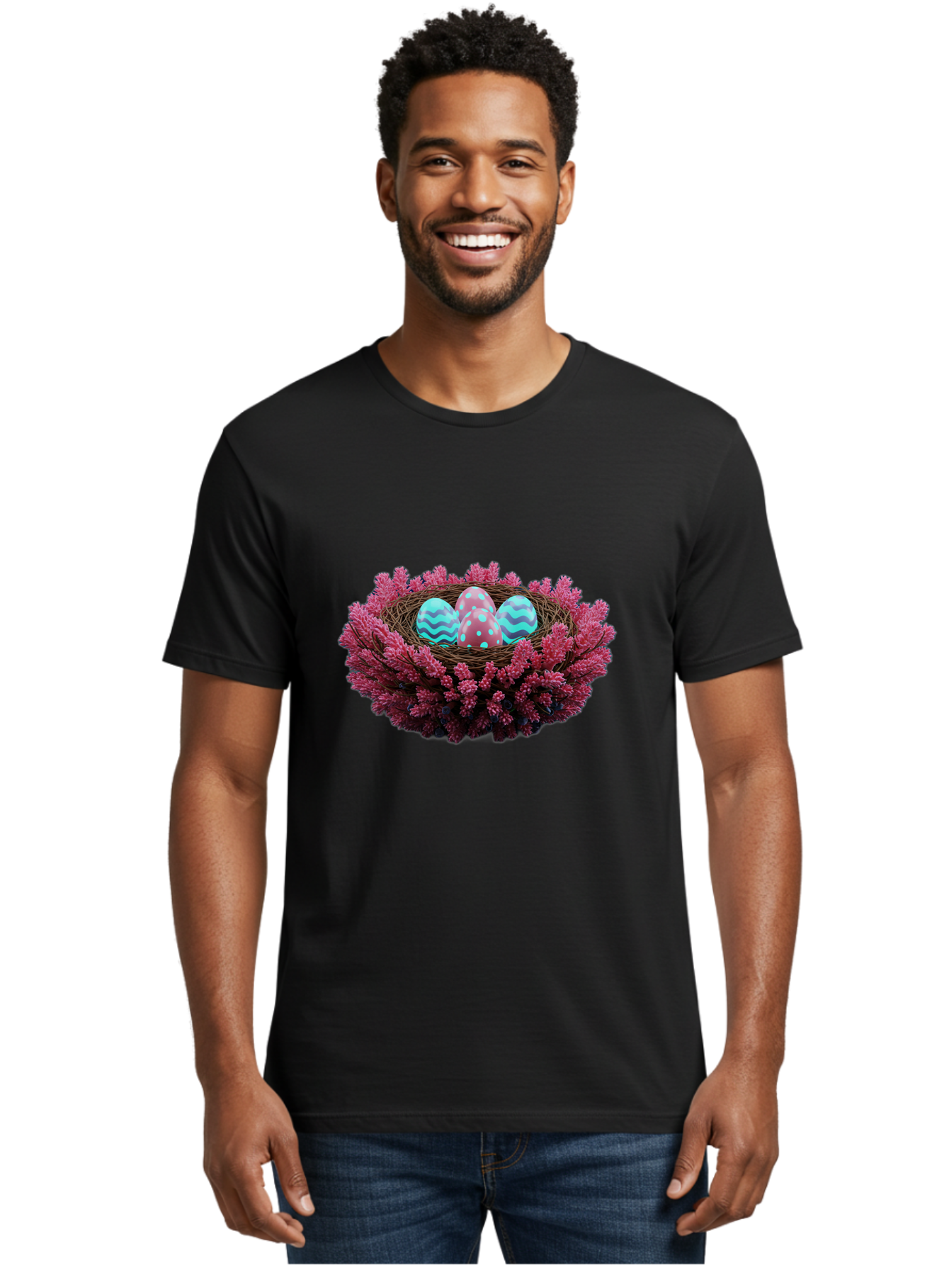 Easter-Eggs-Nest Men'S Graphic Tee, 100% Cotton, Comfortable Casual Summer Wear, Machine Washable, Easter Eggs, Decorated Eggs, Nest, Flowers, Spring, Easter Celebration, Colorful Eggs, Wavy Lines, Dots, Festive Decor Baa621