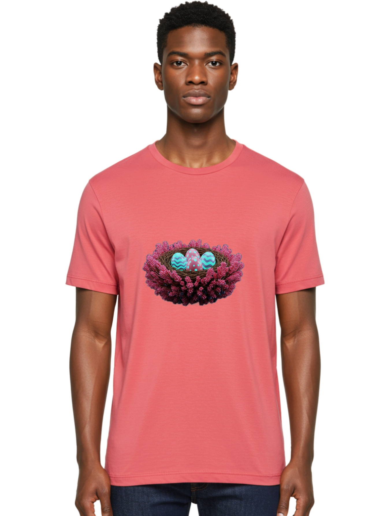 Easter-Eggs-Nest Men'S Graphic Tee, 100% Cotton, Comfortable Casual Summer Wear, Machine Washable, Easter Eggs, Decorated Eggs, Nest, Flowers, Spring, Easter Celebration, Colorful Eggs, Wavy Lines, Dots, Festive Decor Baa621