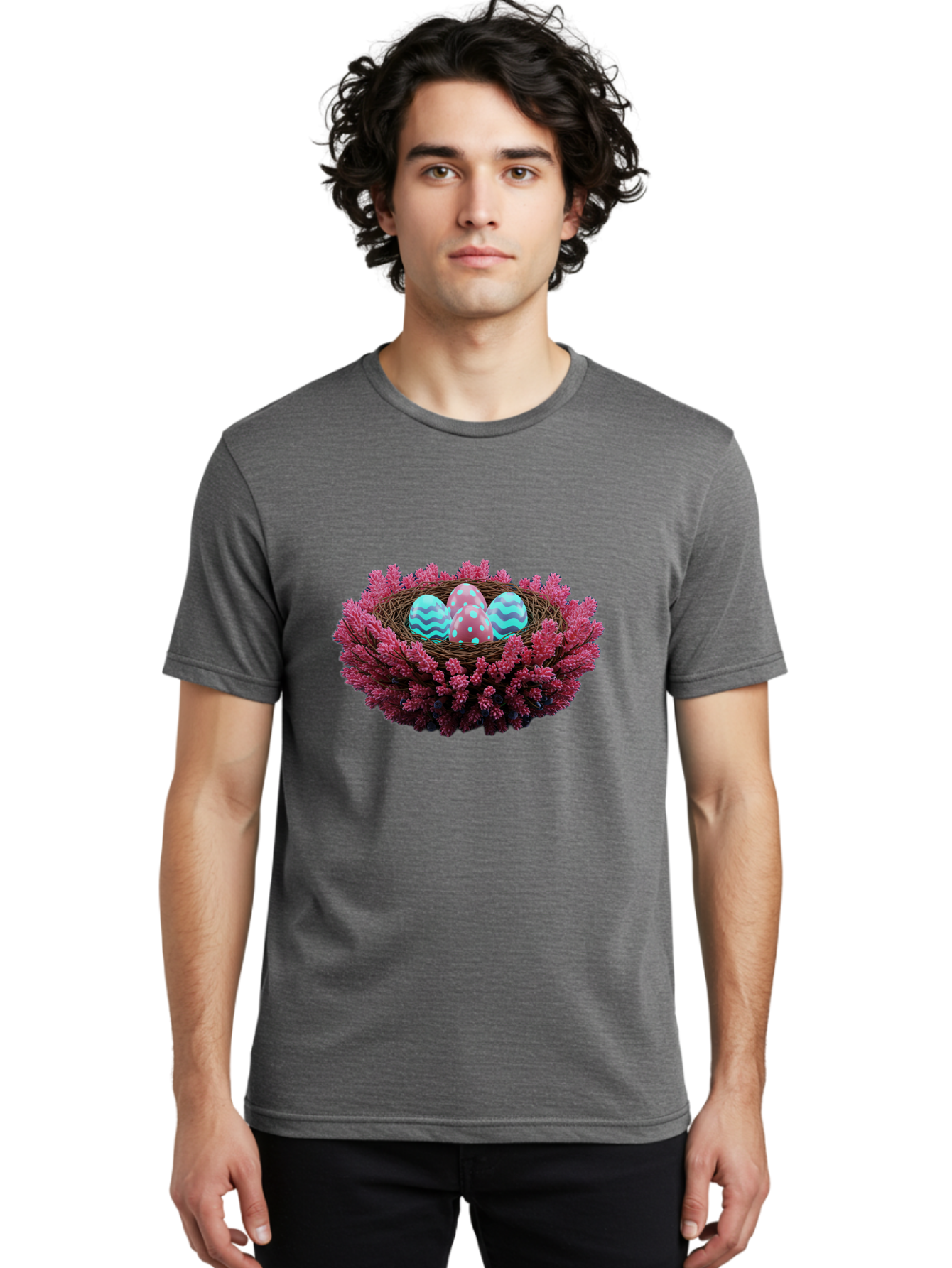 Easter-Eggs-Nest Men'S Graphic Tee, 100% Cotton, Comfortable Casual Summer Wear, Machine Washable, Easter Eggs, Decorated Eggs, Nest, Flowers, Spring, Easter Celebration, Colorful Eggs, Wavy Lines, Dots, Festive Decor Baa621