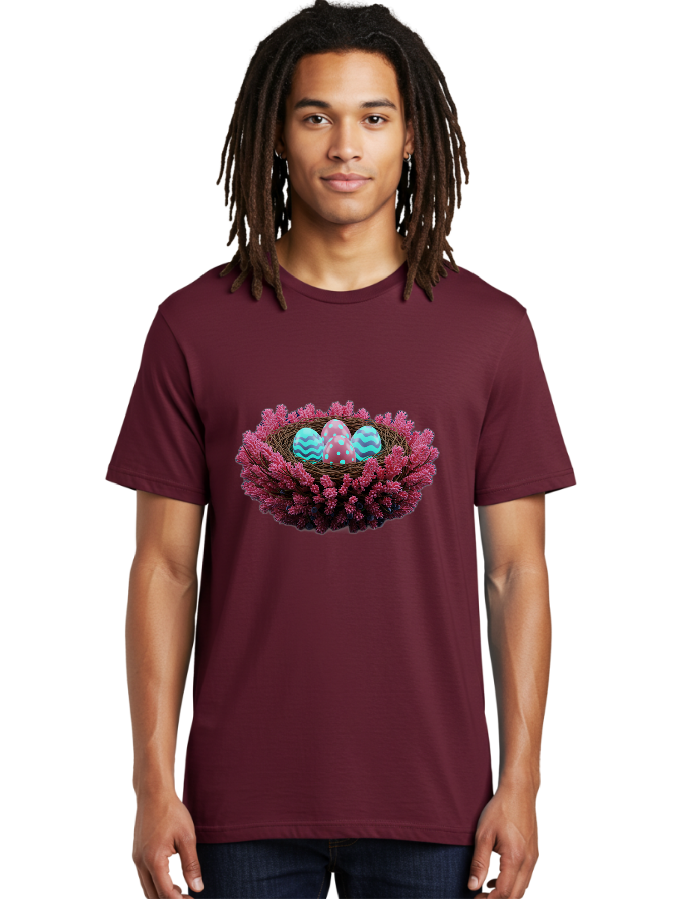 Easter-Eggs-Nest Men'S Graphic Tee, 100% Cotton, Comfortable Casual Summer Wear, Machine Washable, Easter Eggs, Decorated Eggs, Nest, Flowers, Spring, Easter Celebration, Colorful Eggs, Wavy Lines, Dots, Festive Decor Baa621
