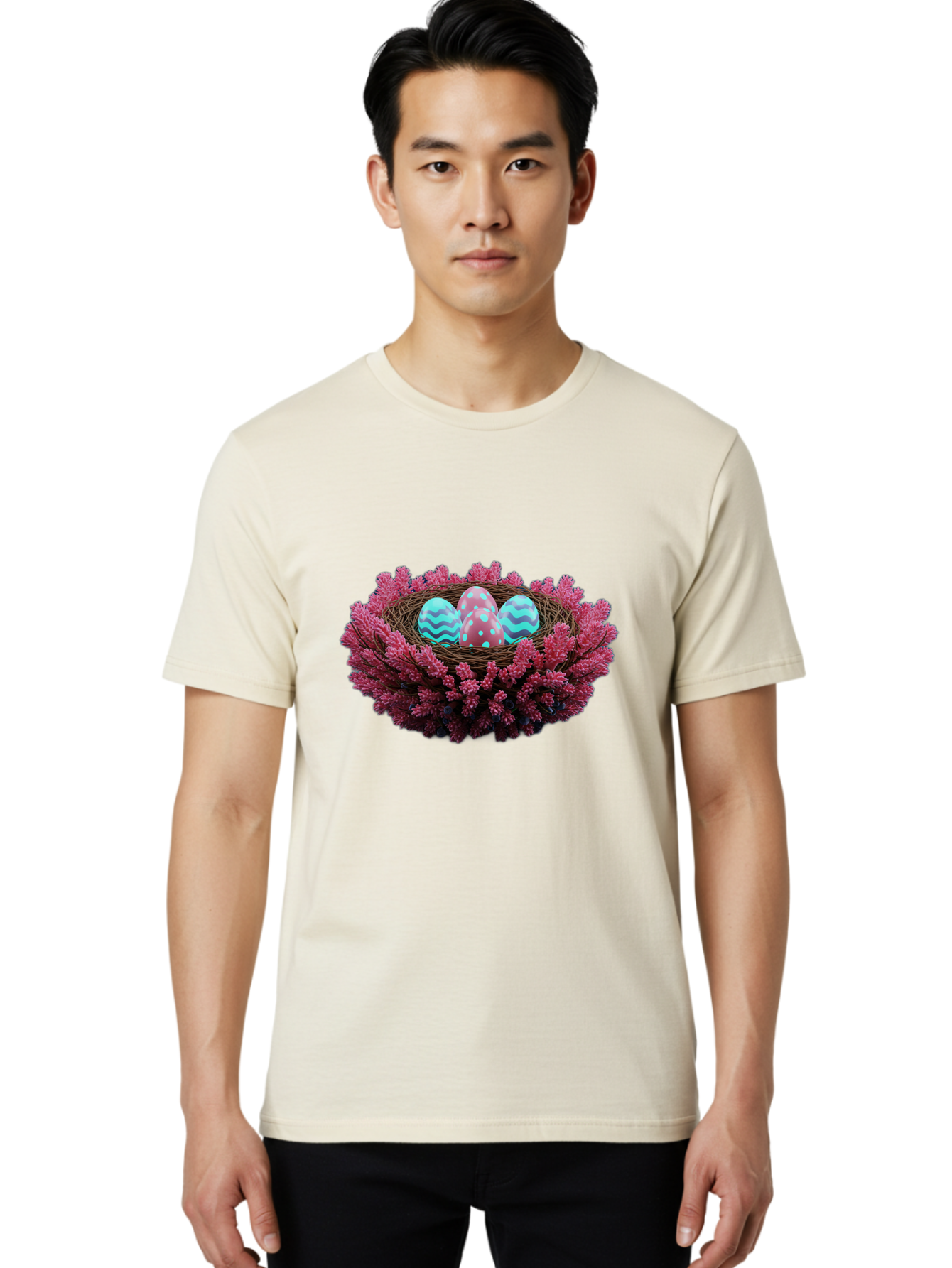 Easter-Eggs-Nest Men'S Graphic Tee, 100% Cotton, Comfortable Casual Summer Wear, Machine Washable, Easter Eggs, Decorated Eggs, Nest, Flowers, Spring, Easter Celebration, Colorful Eggs, Wavy Lines, Dots, Festive Decor Baa621