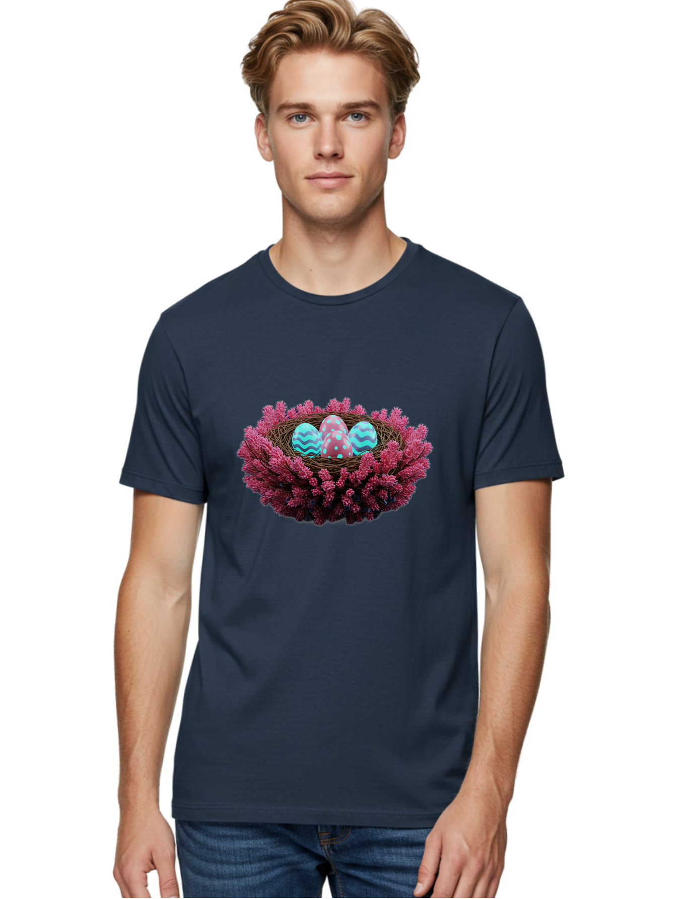 Easter-Eggs-Nest Men'S Graphic Tee, 100% Cotton, Comfortable Casual Summer Wear, Machine Washable, Easter Eggs, Decorated Eggs, Nest, Flowers, Spring, Easter Celebration, Colorful Eggs, Wavy Lines, Dots, Festive Decor Baa621
