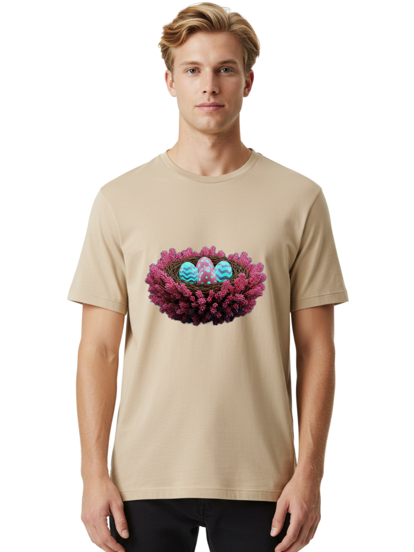 Easter-Eggs-Nest Men'S Graphic Tee, 100% Cotton, Comfortable Casual Summer Wear, Machine Washable, Easter Eggs, Decorated Eggs, Nest, Flowers, Spring, Easter Celebration, Colorful Eggs, Wavy Lines, Dots, Festive Decor Baa621