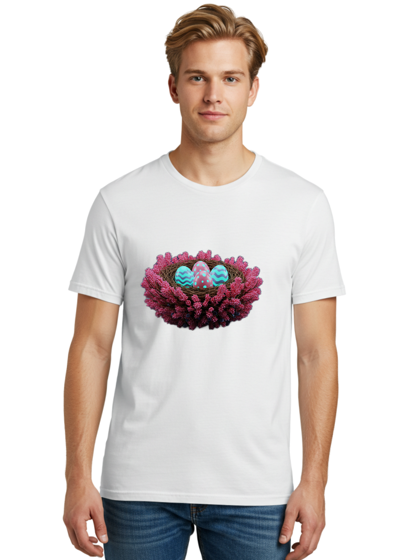 Easter-Eggs-Nest Men'S Graphic Tee, 100% Cotton, Comfortable Casual Summer Wear, Machine Washable, Easter Eggs, Decorated Eggs, Nest, Flowers, Spring, Easter Celebration, Colorful Eggs, Wavy Lines, Dots, Festive Decor Baa621