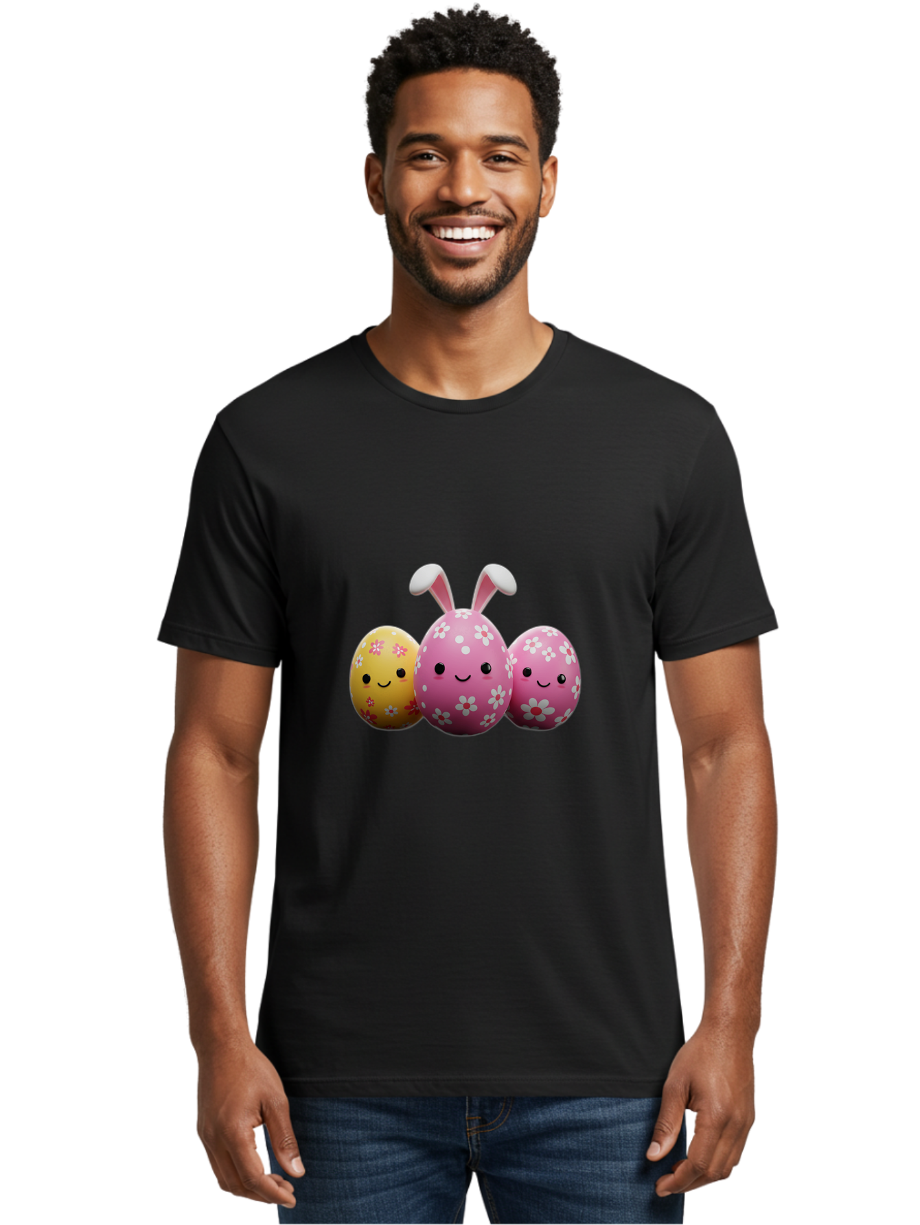 Easter-Eggs-With-Flowers Men'S Graphic Tee, 100% Cotton, Comfortable Casual Summer Wear, Machine Washable, Easter Eggs, Floral Patterns, Cute Characters, Smiling Faces, Bunny Ears, Pastel Colors, Happy Easter, Spring Decorations, Baa625