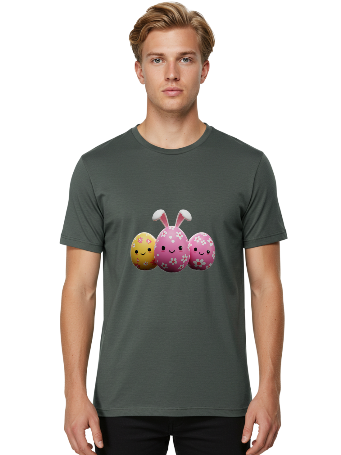 Easter-Eggs-With-Flowers Men'S Graphic Tee, 100% Cotton, Comfortable Casual Summer Wear, Machine Washable, Easter Eggs, Floral Patterns, Cute Characters, Smiling Faces, Bunny Ears, Pastel Colors, Happy Easter, Spring Decorations, Baa625
