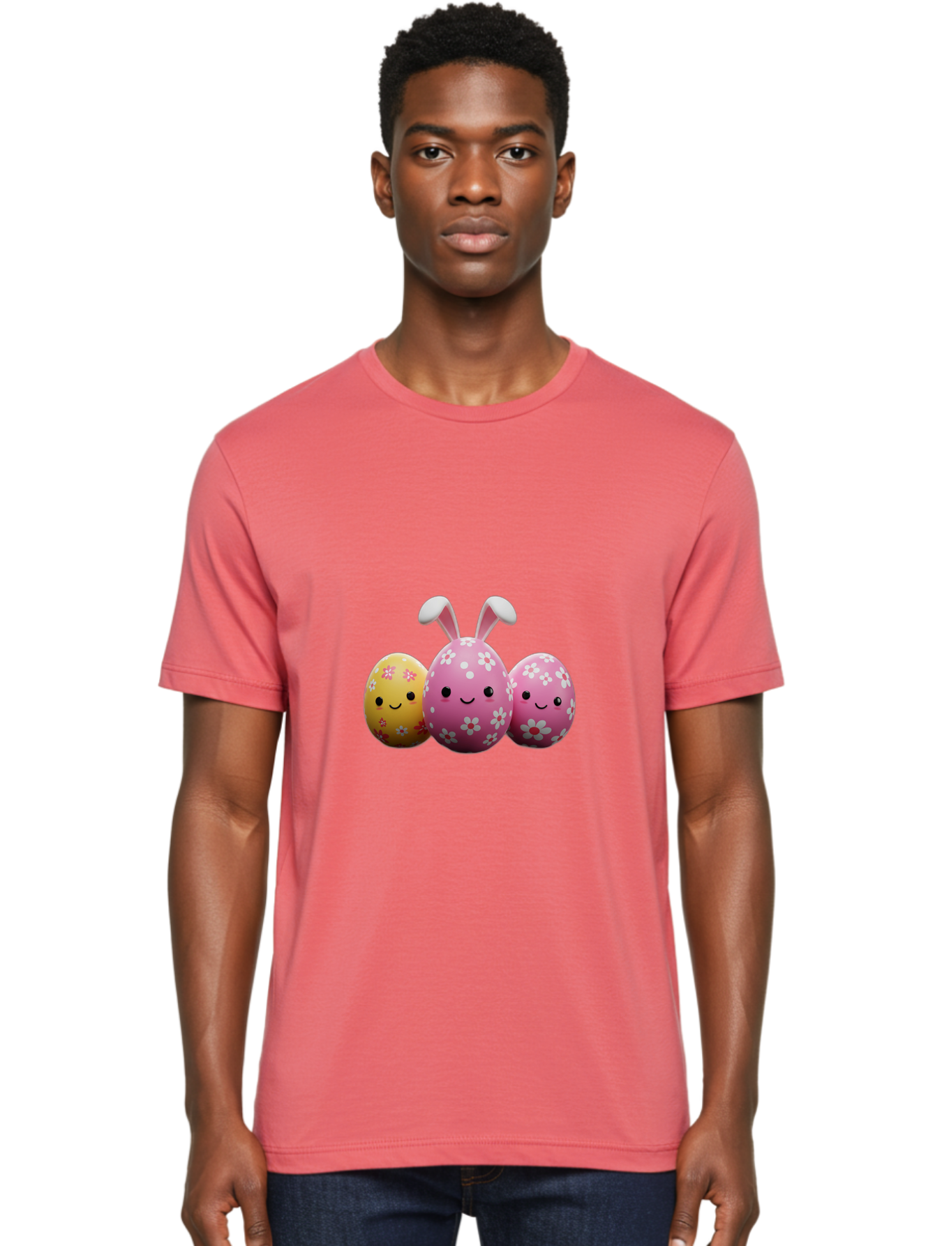 Easter-Eggs-With-Flowers Men'S Graphic Tee, 100% Cotton, Comfortable Casual Summer Wear, Machine Washable, Easter Eggs, Floral Patterns, Cute Characters, Smiling Faces, Bunny Ears, Pastel Colors, Happy Easter, Spring Decorations, Baa625