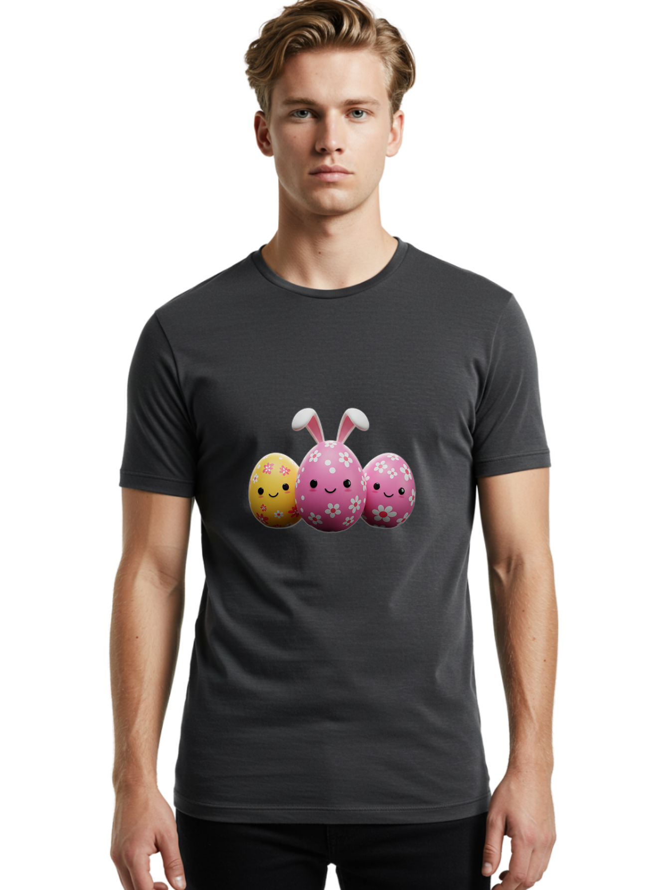 Easter-Eggs-With-Flowers Men'S Graphic Tee, 100% Cotton, Comfortable Casual Summer Wear, Machine Washable, Easter Eggs, Floral Patterns, Cute Characters, Smiling Faces, Bunny Ears, Pastel Colors, Happy Easter, Spring Decorations, Baa625