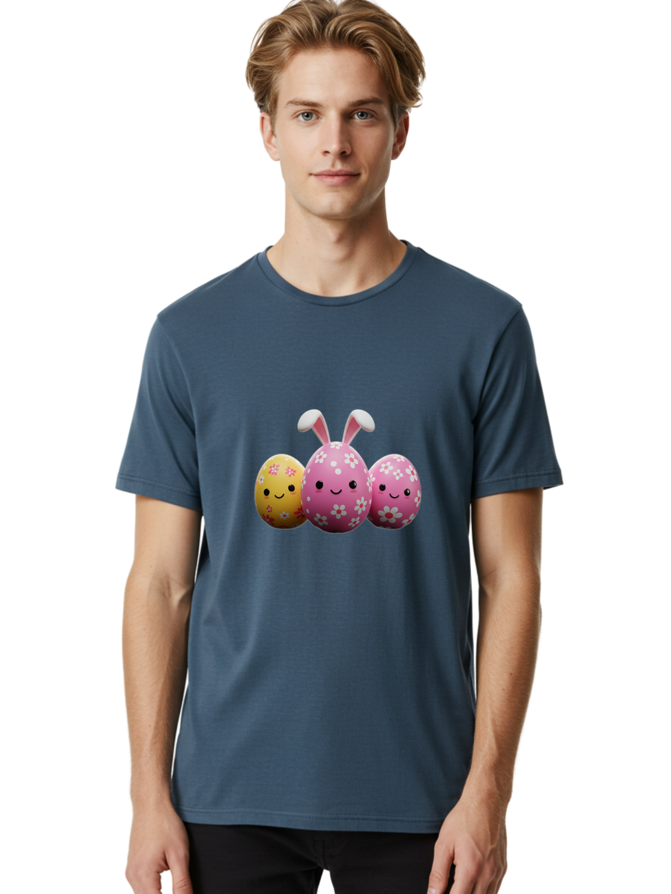 Easter-Eggs-With-Flowers Men'S Graphic Tee, 100% Cotton, Comfortable Casual Summer Wear, Machine Washable, Easter Eggs, Floral Patterns, Cute Characters, Smiling Faces, Bunny Ears, Pastel Colors, Happy Easter, Spring Decorations, Baa625