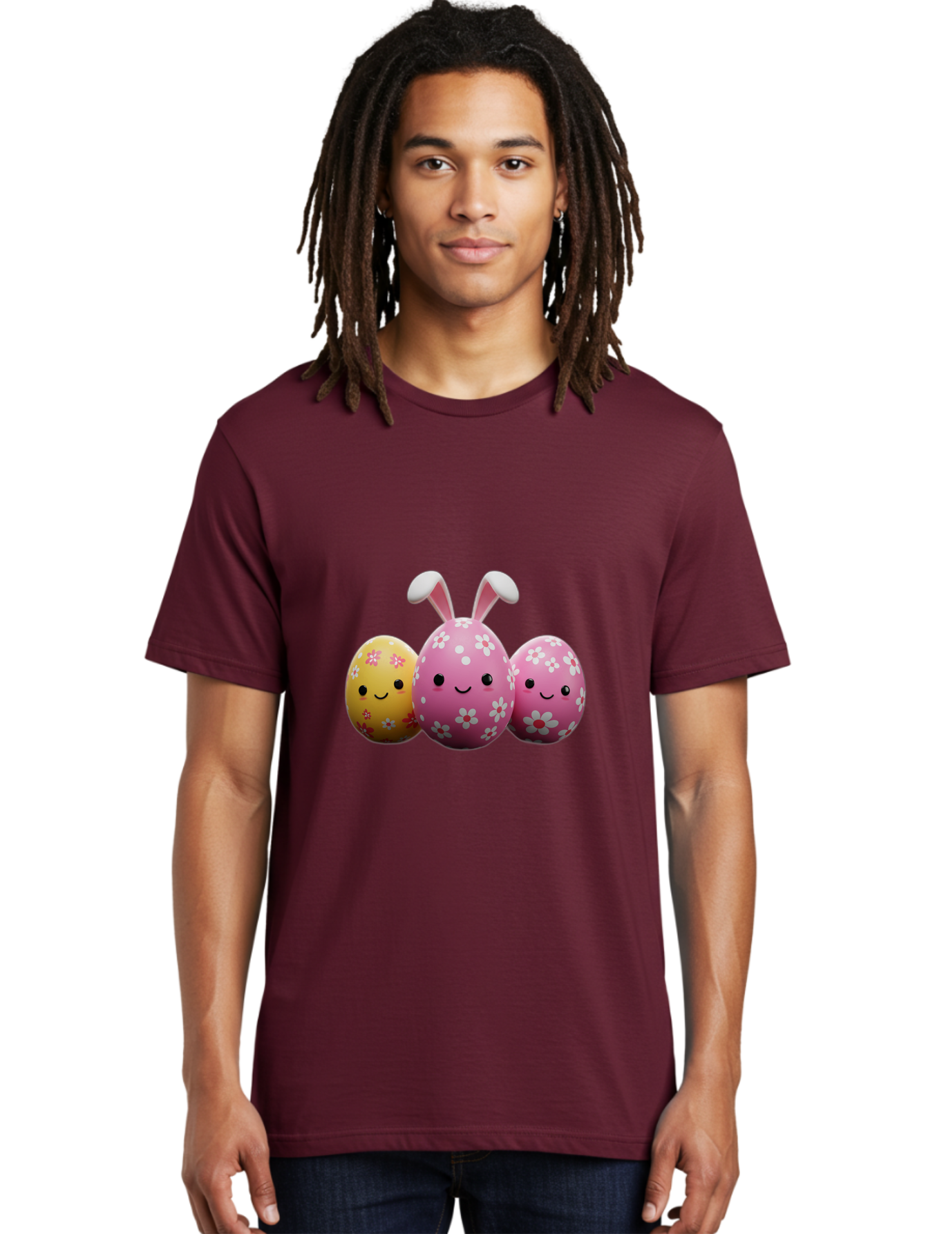 Easter-Eggs-With-Flowers Men'S Graphic Tee, 100% Cotton, Comfortable Casual Summer Wear, Machine Washable, Easter Eggs, Floral Patterns, Cute Characters, Smiling Faces, Bunny Ears, Pastel Colors, Happy Easter, Spring Decorations, Baa625