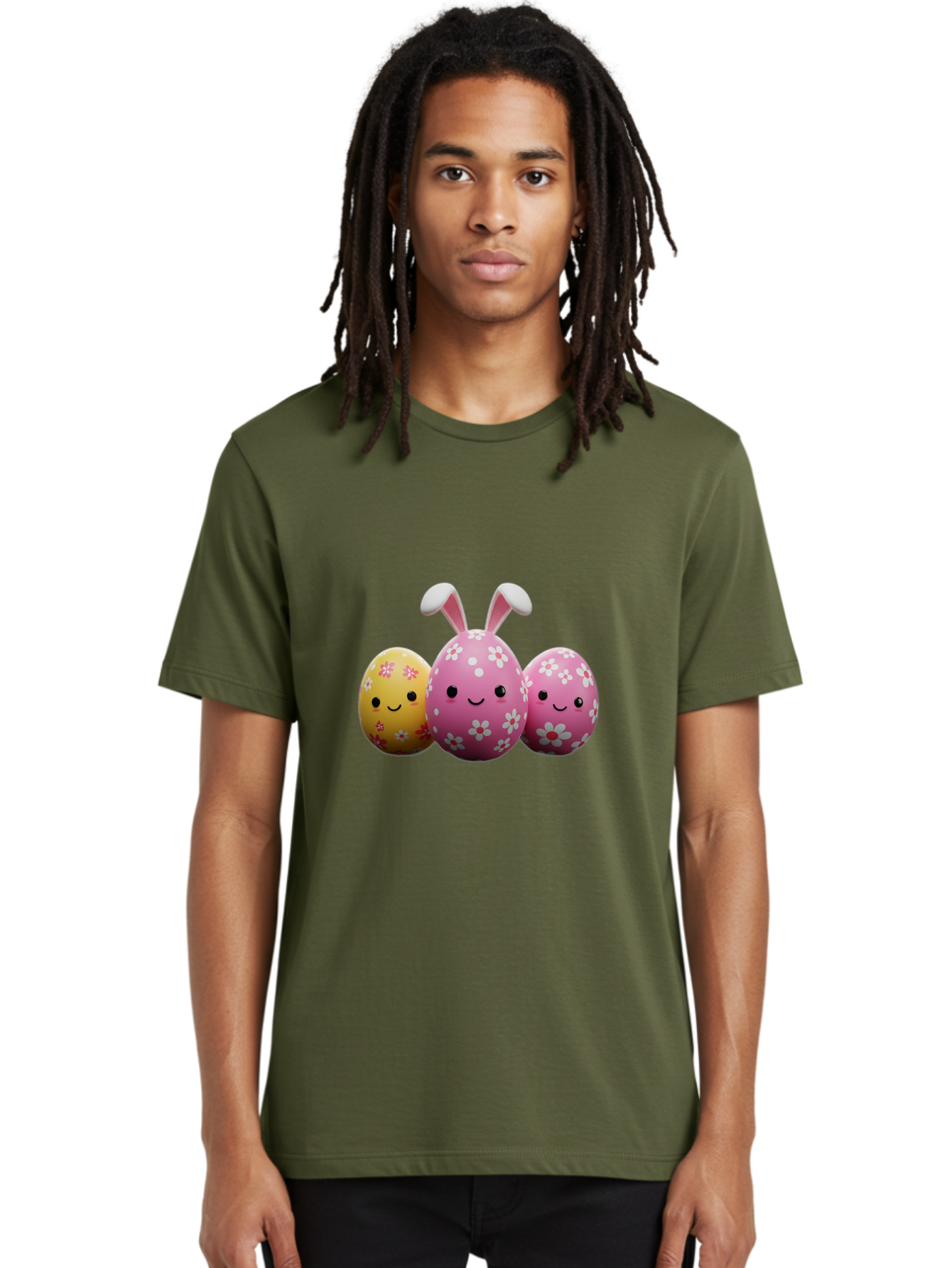 Easter-Eggs-With-Flowers Men'S Graphic Tee, 100% Cotton, Comfortable Casual Summer Wear, Machine Washable, Easter Eggs, Floral Patterns, Cute Characters, Smiling Faces, Bunny Ears, Pastel Colors, Happy Easter, Spring Decorations, Baa625