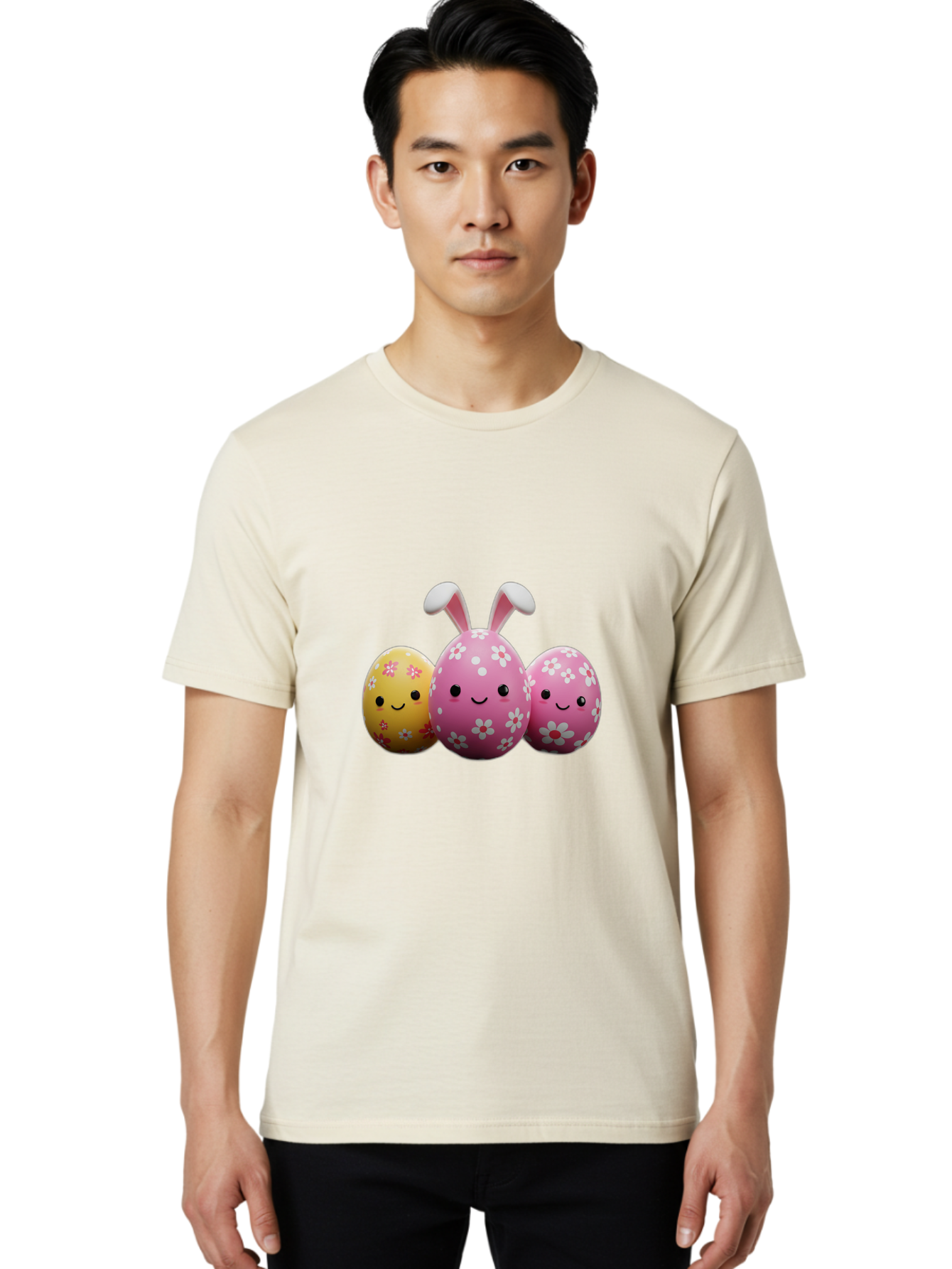 Easter-Eggs-With-Flowers Men'S Graphic Tee, 100% Cotton, Comfortable Casual Summer Wear, Machine Washable, Easter Eggs, Floral Patterns, Cute Characters, Smiling Faces, Bunny Ears, Pastel Colors, Happy Easter, Spring Decorations, Baa625