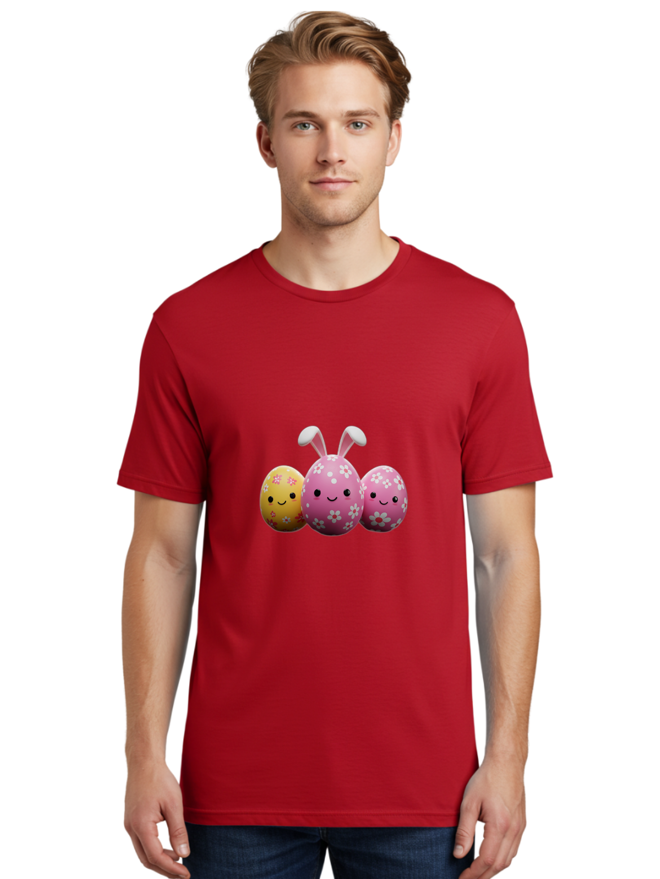 Easter-Eggs-With-Flowers Men'S Graphic Tee, 100% Cotton, Comfortable Casual Summer Wear, Machine Washable, Easter Eggs, Floral Patterns, Cute Characters, Smiling Faces, Bunny Ears, Pastel Colors, Happy Easter, Spring Decorations, Baa625
