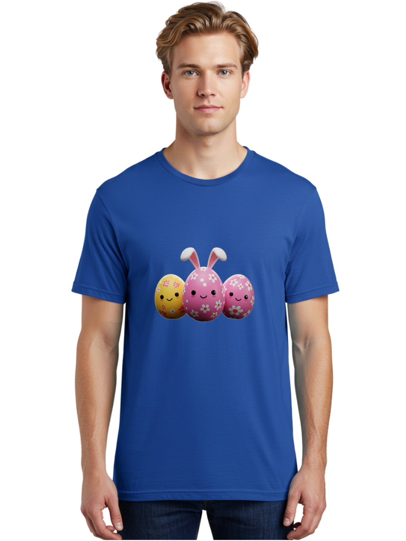 Easter-Eggs-With-Flowers Men'S Graphic Tee, 100% Cotton, Comfortable Casual Summer Wear, Machine Washable, Easter Eggs, Floral Patterns, Cute Characters, Smiling Faces, Bunny Ears, Pastel Colors, Happy Easter, Spring Decorations, Baa625