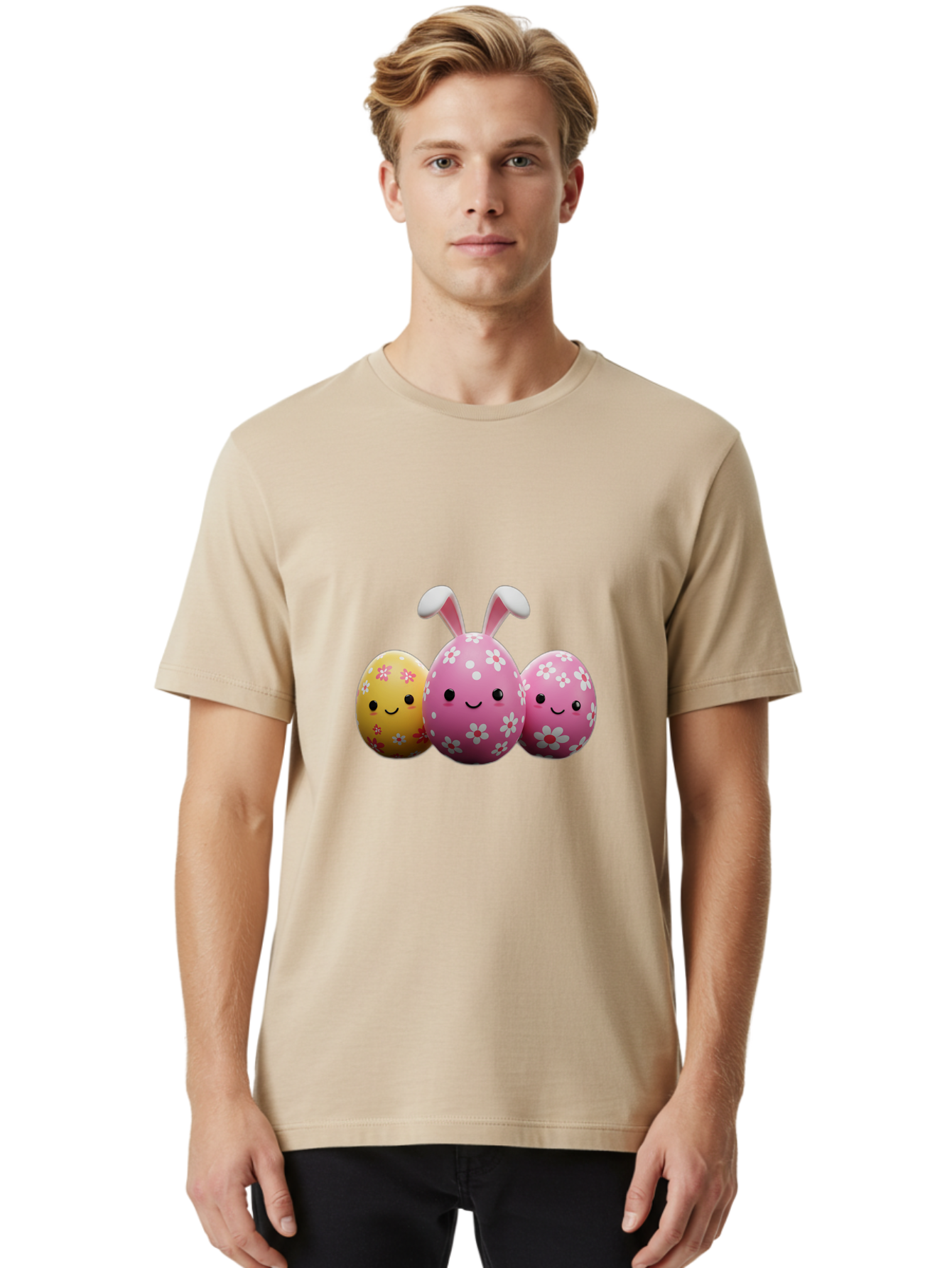 Easter-Eggs-With-Flowers Men'S Graphic Tee, 100% Cotton, Comfortable Casual Summer Wear, Machine Washable, Easter Eggs, Floral Patterns, Cute Characters, Smiling Faces, Bunny Ears, Pastel Colors, Happy Easter, Spring Decorations, Baa625
