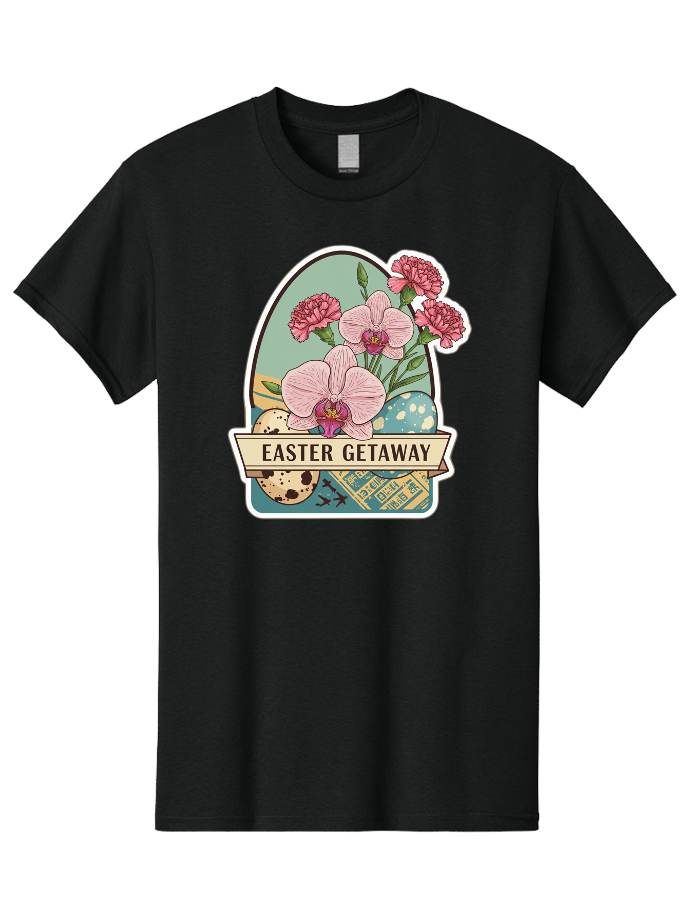 Easter-Getaway Men'S Graphic Tee, 100% Cotton, Comfortable Casual Summer Wear, Machine Washable, Easter Getaway, Easter Egg, Pink Orchids, Carnations, Eggs, Birds, Decorative Egg, Easter Flowers, Spring Flowers, Pastel Colors, Baa628