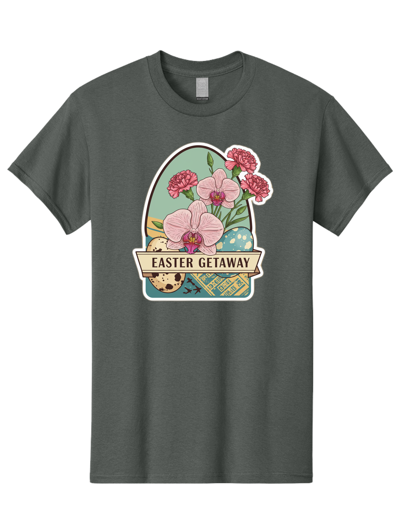 Easter-Getaway Men'S Graphic Tee, 100% Cotton, Comfortable Casual Summer Wear, Machine Washable, Easter Getaway, Easter Egg, Pink Orchids, Carnations, Eggs, Birds, Decorative Egg, Easter Flowers, Spring Flowers, Pastel Colors, Baa628