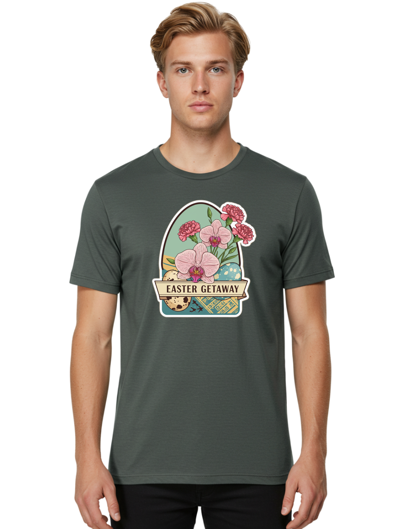 Easter-Getaway Men'S Graphic Tee, 100% Cotton, Comfortable Casual Summer Wear, Machine Washable, Easter Getaway, Easter Egg, Pink Orchids, Carnations, Eggs, Birds, Decorative Egg, Easter Flowers, Spring Flowers, Pastel Colors, Baa628