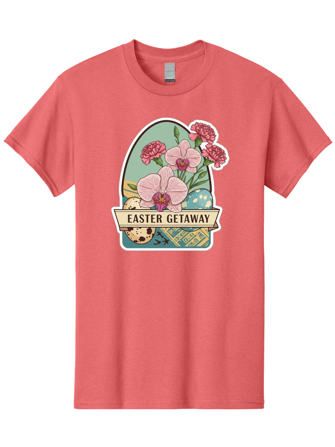Easter-Getaway Men'S Graphic Tee, 100% Cotton, Comfortable Casual Summer Wear, Machine Washable, Easter Getaway, Easter Egg, Pink Orchids, Carnations, Eggs, Birds, Decorative Egg, Easter Flowers, Spring Flowers, Pastel Colors, Baa628