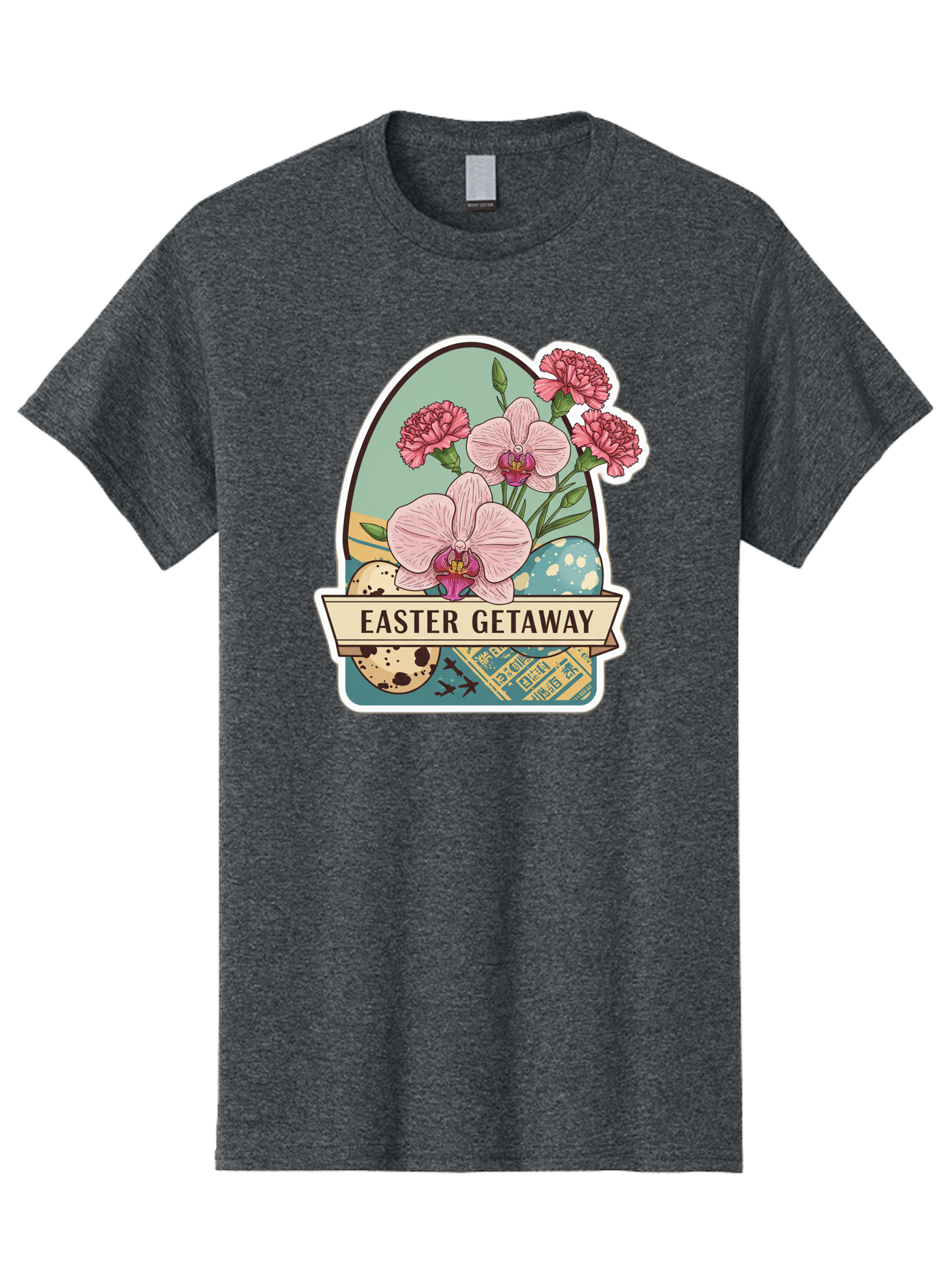 Easter-Getaway Men'S Graphic Tee, 100% Cotton, Comfortable Casual Summer Wear, Machine Washable, Easter Getaway, Easter Egg, Pink Orchids, Carnations, Eggs, Birds, Decorative Egg, Easter Flowers, Spring Flowers, Pastel Colors, Baa628