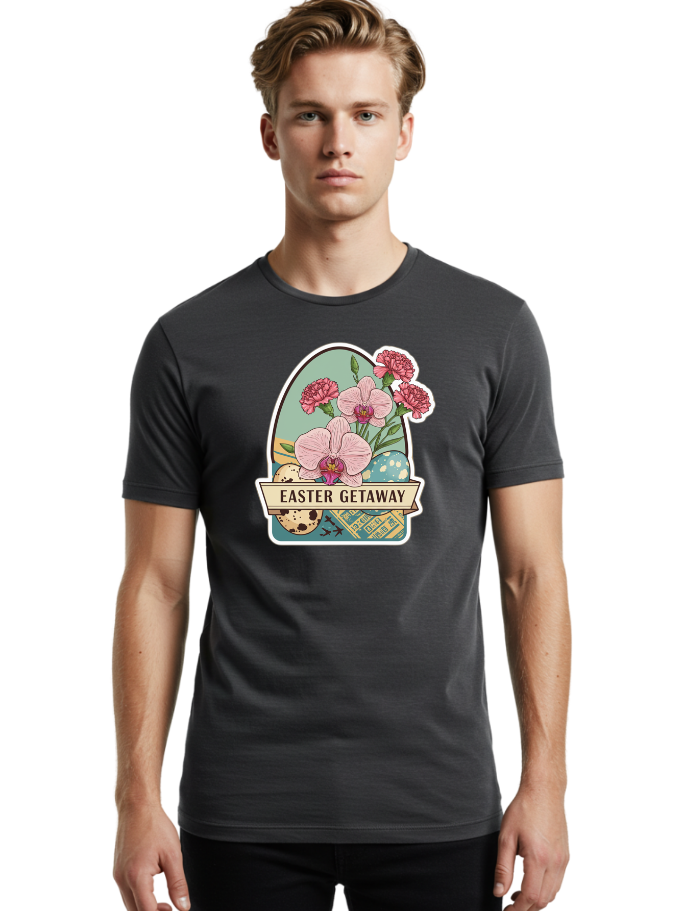 Easter-Getaway Men'S Graphic Tee, 100% Cotton, Comfortable Casual Summer Wear, Machine Washable, Easter Getaway, Easter Egg, Pink Orchids, Carnations, Eggs, Birds, Decorative Egg, Easter Flowers, Spring Flowers, Pastel Colors, Baa628