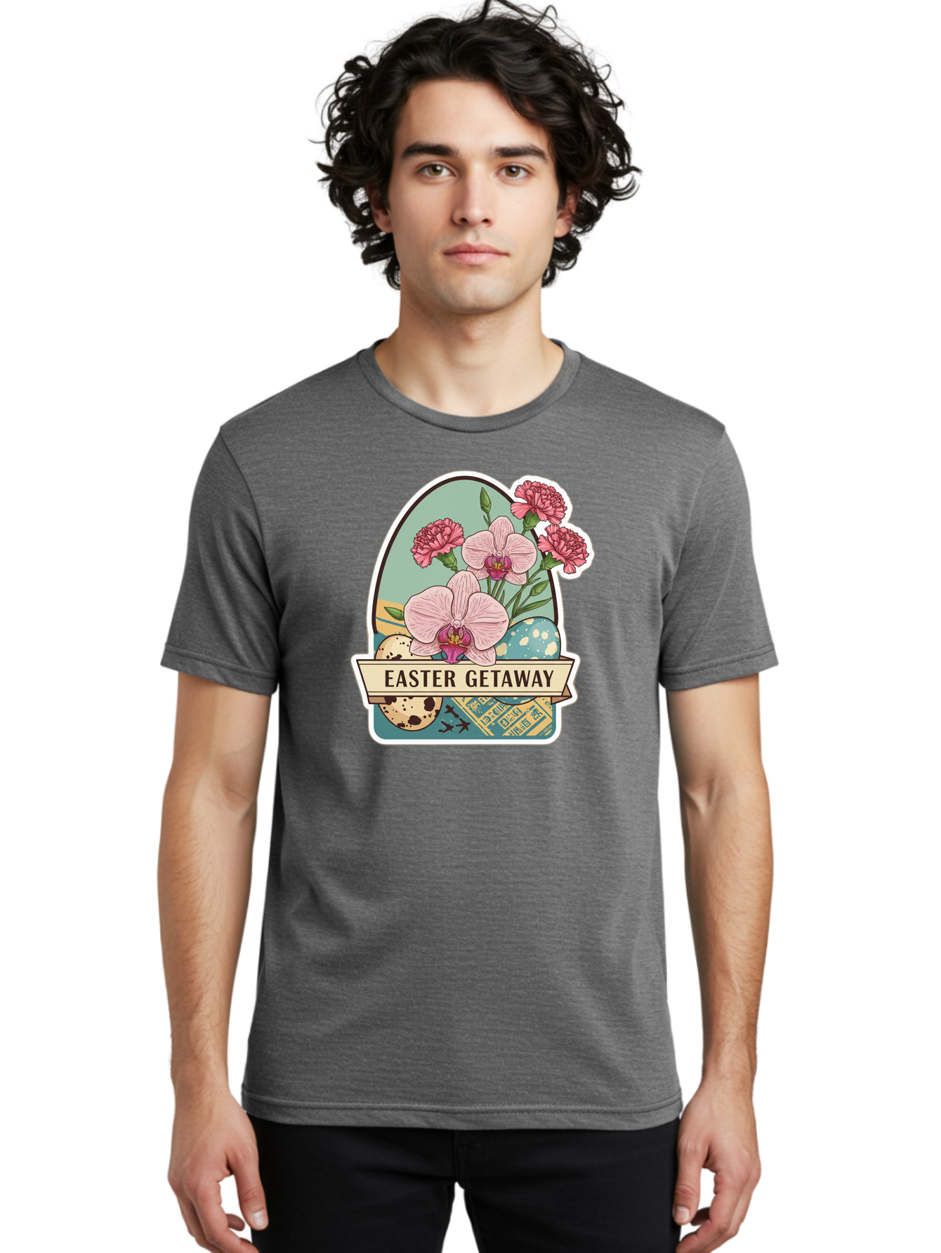 Easter-Getaway Men'S Graphic Tee, 100% Cotton, Comfortable Casual Summer Wear, Machine Washable, Easter Getaway, Easter Egg, Pink Orchids, Carnations, Eggs, Birds, Decorative Egg, Easter Flowers, Spring Flowers, Pastel Colors, Baa628
