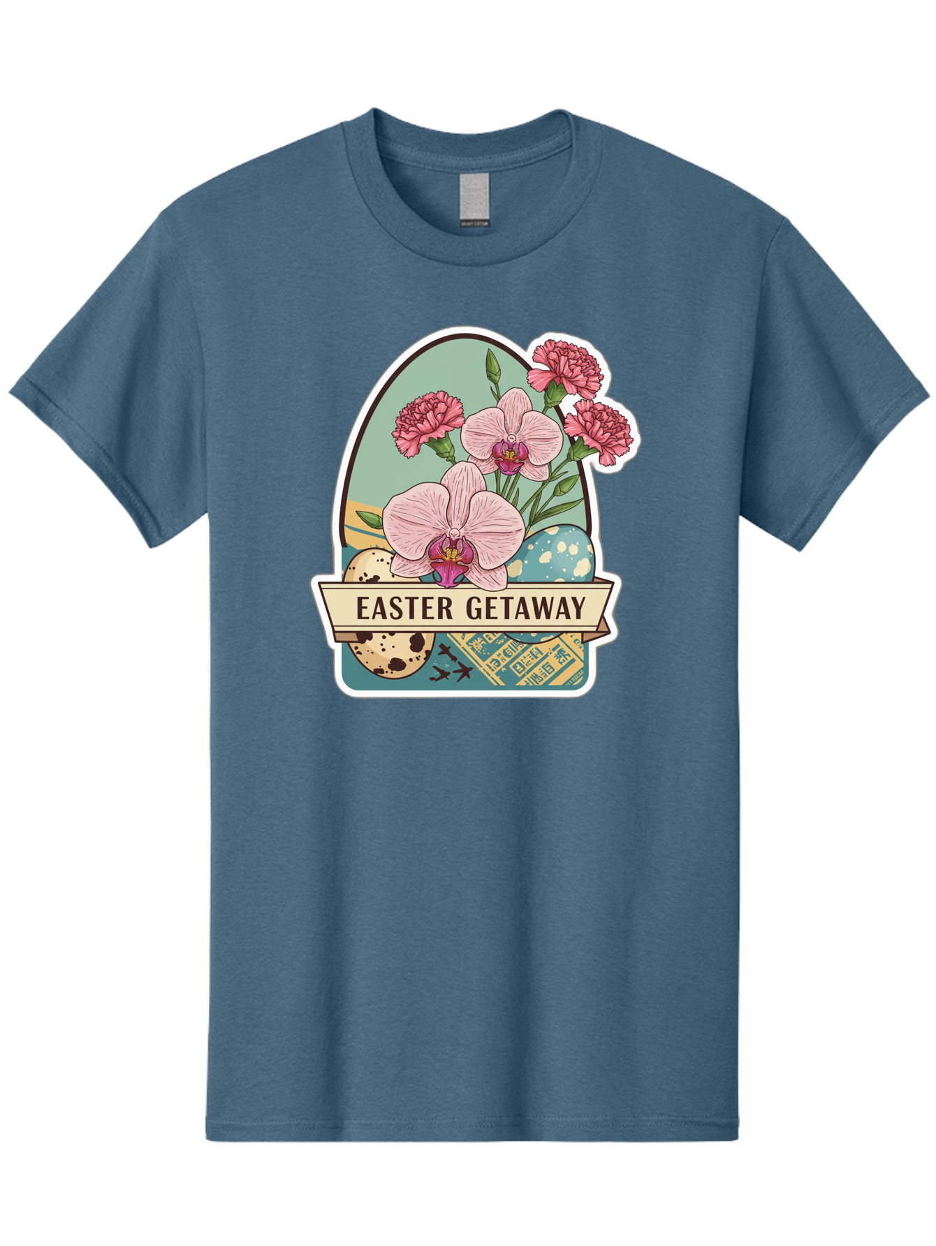 Easter-Getaway Men'S Graphic Tee, 100% Cotton, Comfortable Casual Summer Wear, Machine Washable, Easter Getaway, Easter Egg, Pink Orchids, Carnations, Eggs, Birds, Decorative Egg, Easter Flowers, Spring Flowers, Pastel Colors, Baa628