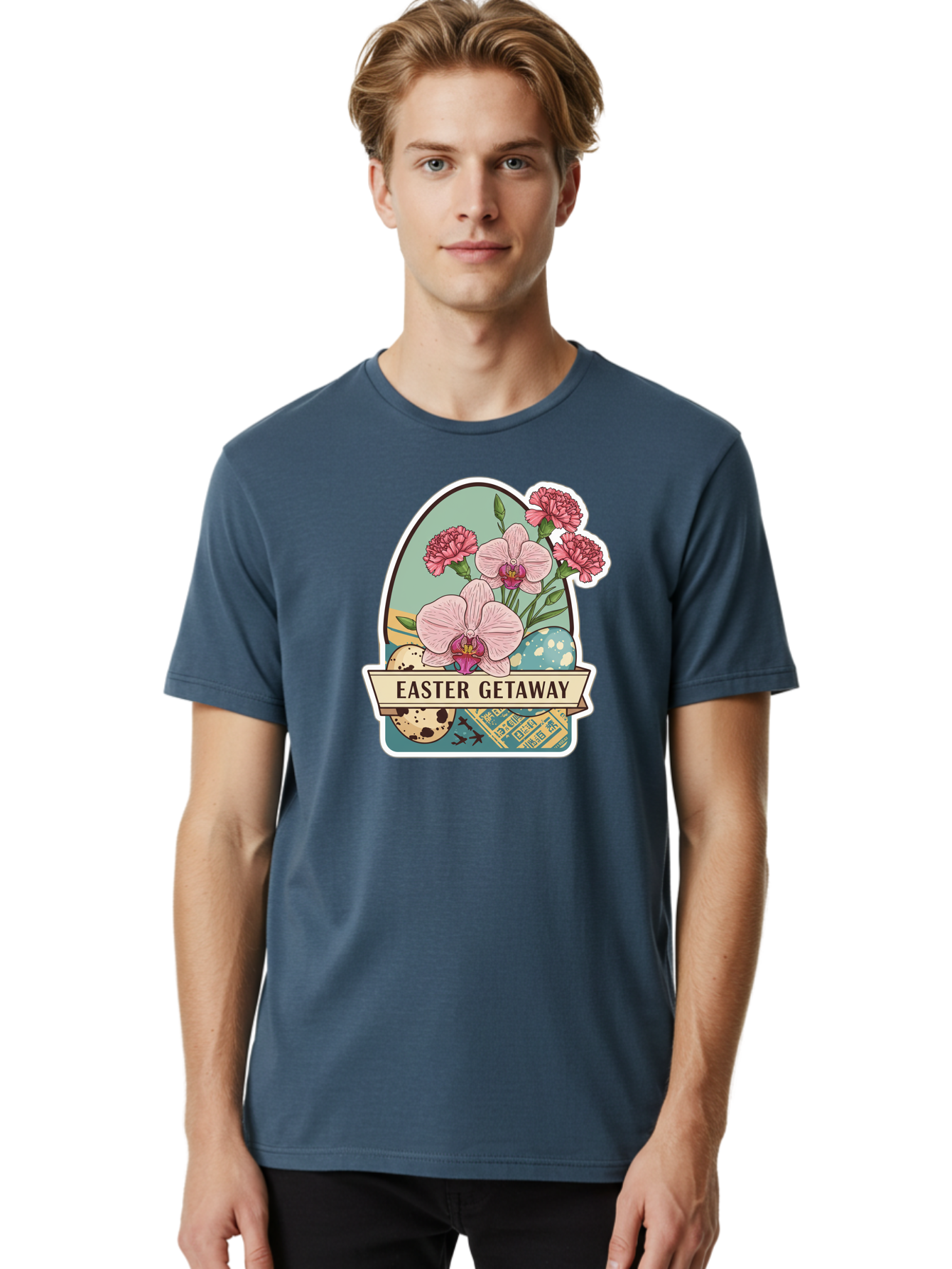 Easter-Getaway Men'S Graphic Tee, 100% Cotton, Comfortable Casual Summer Wear, Machine Washable, Easter Getaway, Easter Egg, Pink Orchids, Carnations, Eggs, Birds, Decorative Egg, Easter Flowers, Spring Flowers, Pastel Colors, Baa628
