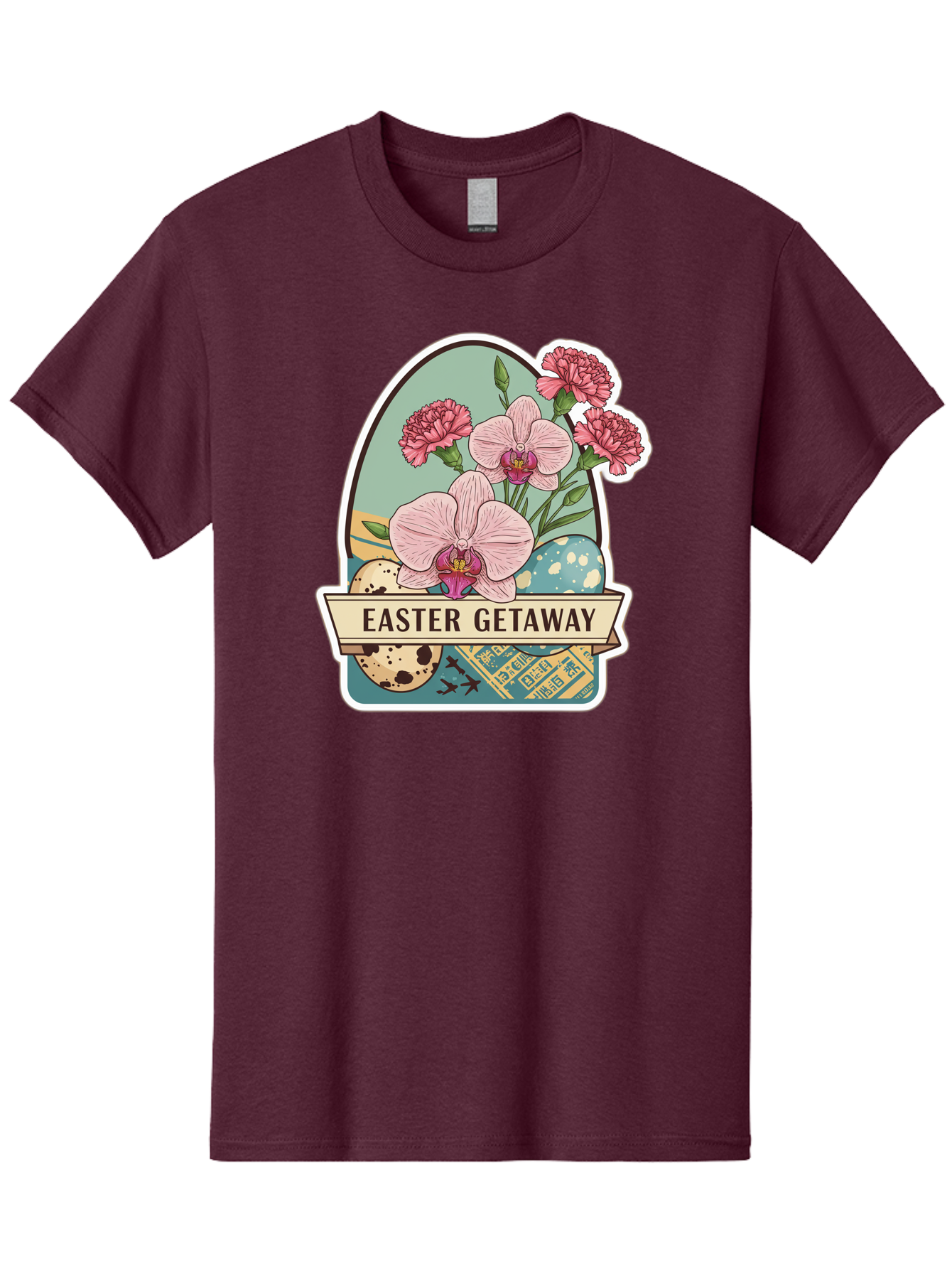 Easter-Getaway Men'S Graphic Tee, 100% Cotton, Comfortable Casual Summer Wear, Machine Washable, Easter Getaway, Easter Egg, Pink Orchids, Carnations, Eggs, Birds, Decorative Egg, Easter Flowers, Spring Flowers, Pastel Colors, Baa628