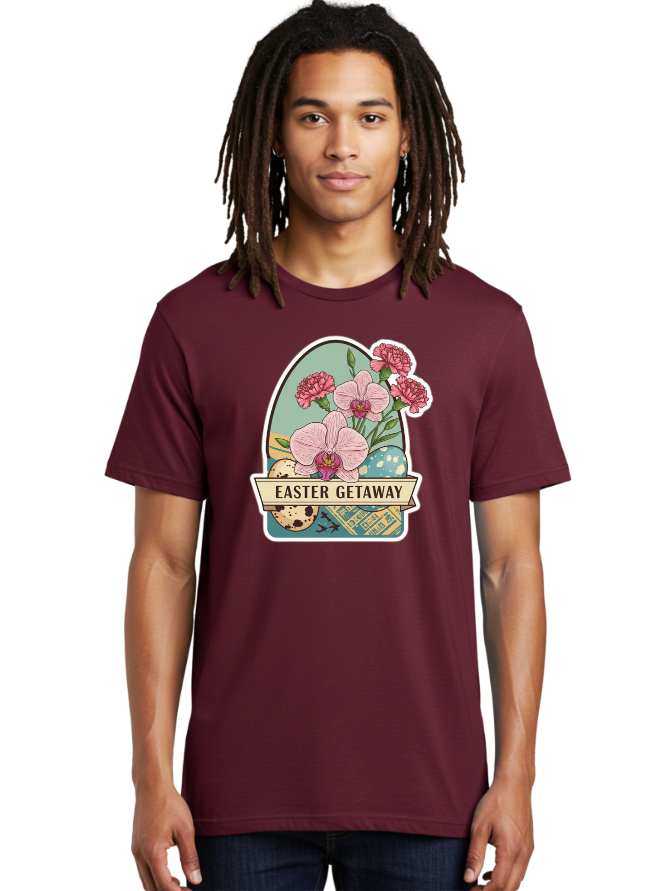 Easter-Getaway Men'S Graphic Tee, 100% Cotton, Comfortable Casual Summer Wear, Machine Washable, Easter Getaway, Easter Egg, Pink Orchids, Carnations, Eggs, Birds, Decorative Egg, Easter Flowers, Spring Flowers, Pastel Colors, Baa628