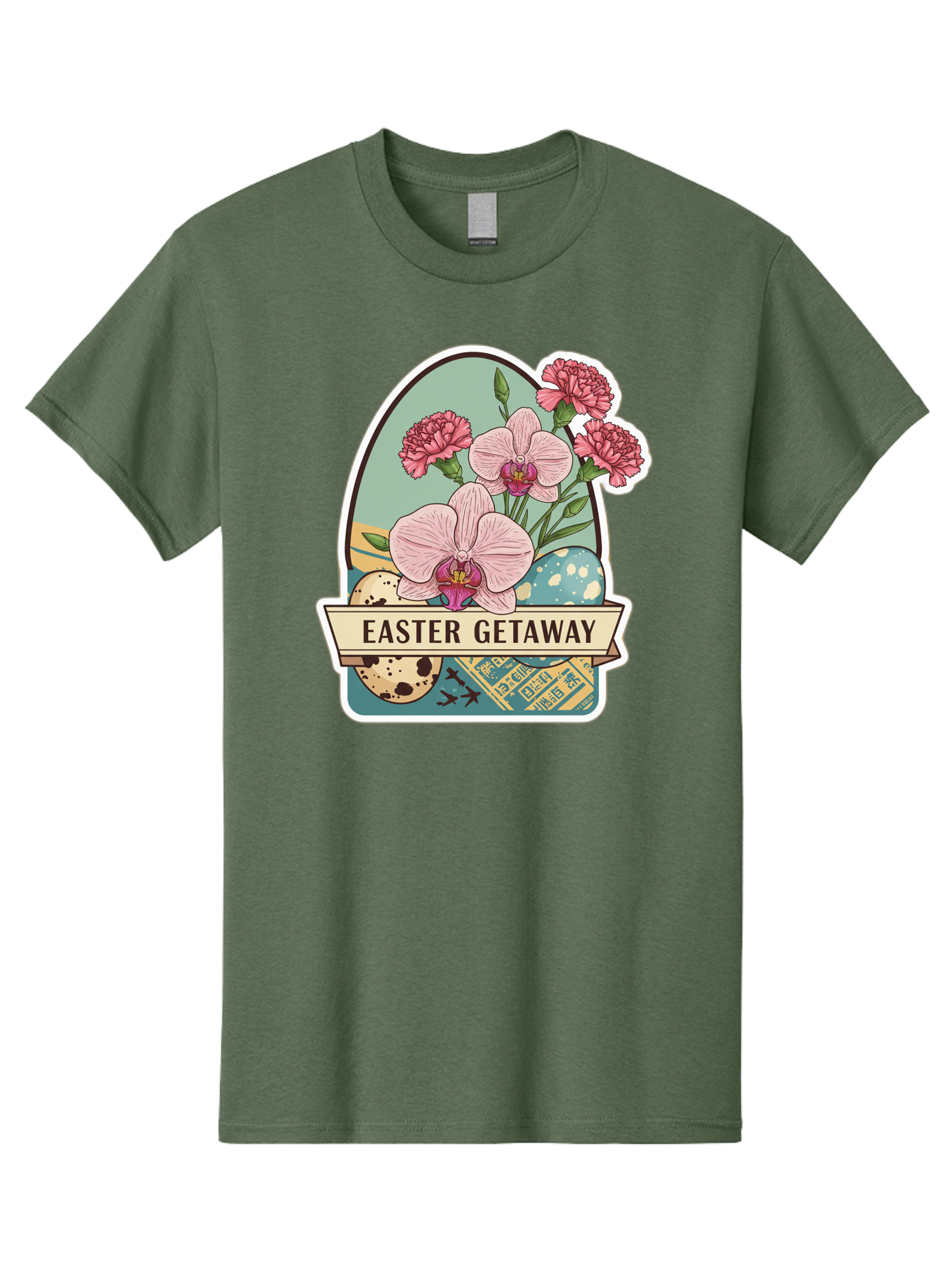 Easter-Getaway Men'S Graphic Tee, 100% Cotton, Comfortable Casual Summer Wear, Machine Washable, Easter Getaway, Easter Egg, Pink Orchids, Carnations, Eggs, Birds, Decorative Egg, Easter Flowers, Spring Flowers, Pastel Colors, Baa628