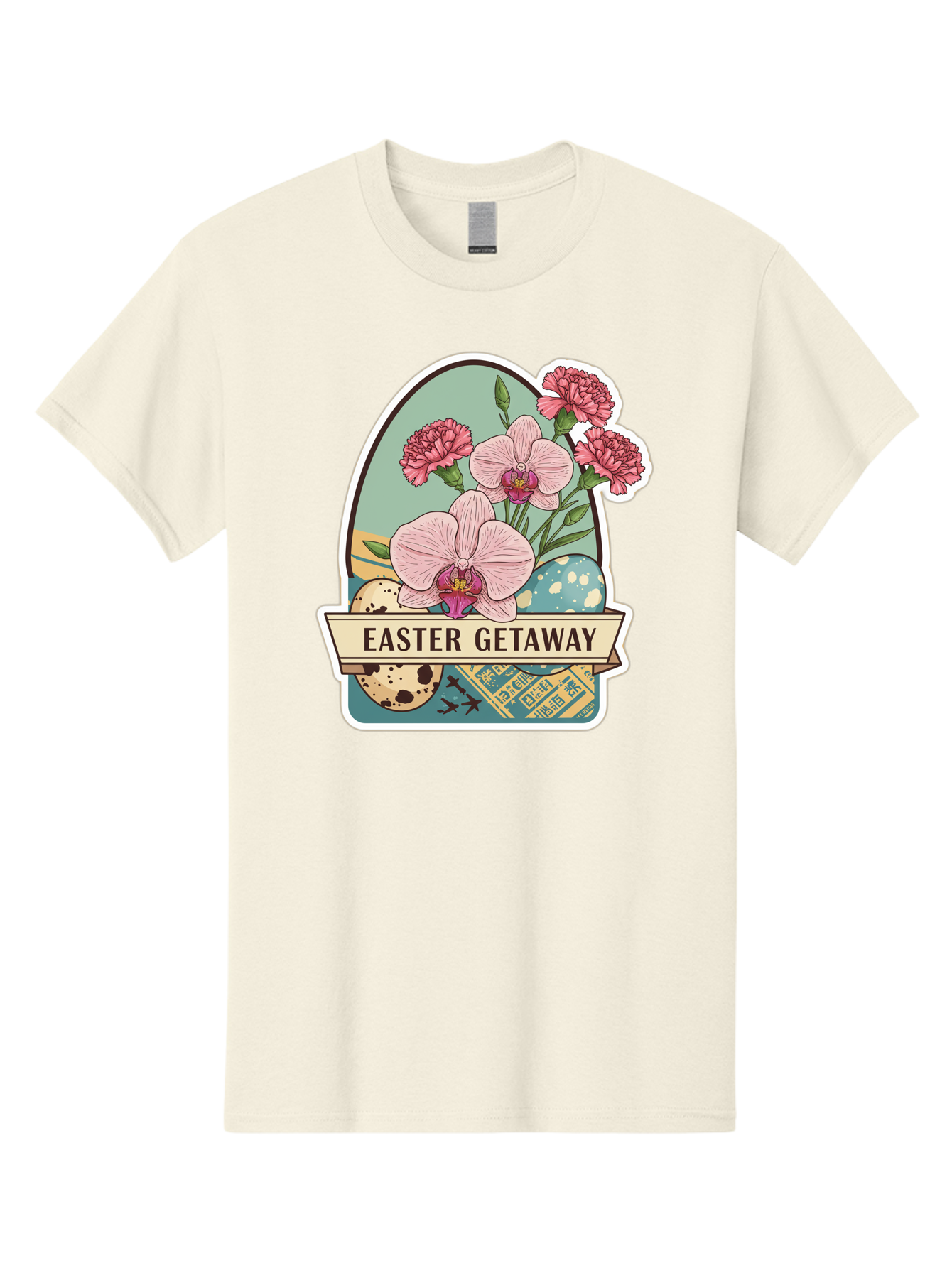 Easter-Getaway Men'S Graphic Tee, 100% Cotton, Comfortable Casual Summer Wear, Machine Washable, Easter Getaway, Easter Egg, Pink Orchids, Carnations, Eggs, Birds, Decorative Egg, Easter Flowers, Spring Flowers, Pastel Colors, Baa628