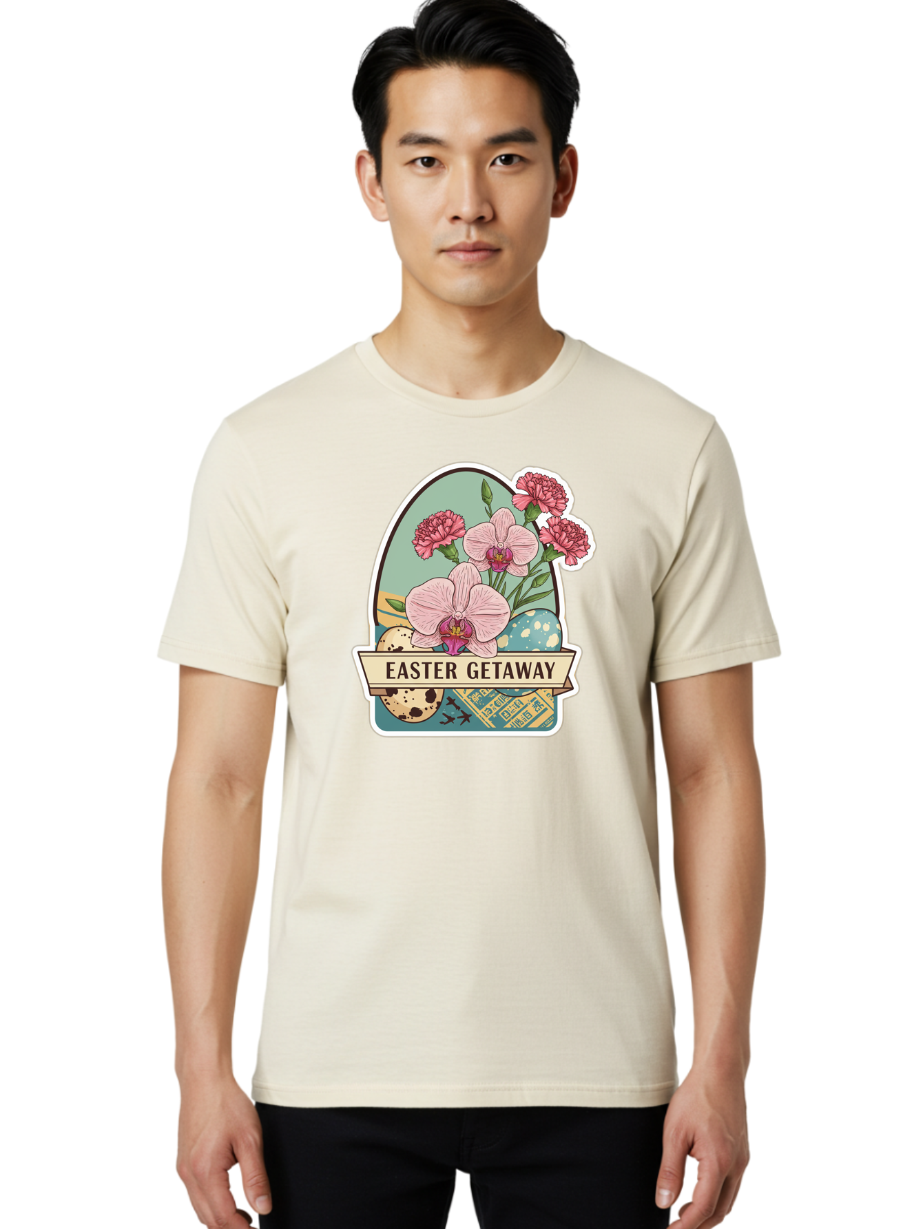 Easter-Getaway Men'S Graphic Tee, 100% Cotton, Comfortable Casual Summer Wear, Machine Washable, Easter Getaway, Easter Egg, Pink Orchids, Carnations, Eggs, Birds, Decorative Egg, Easter Flowers, Spring Flowers, Pastel Colors, Baa628