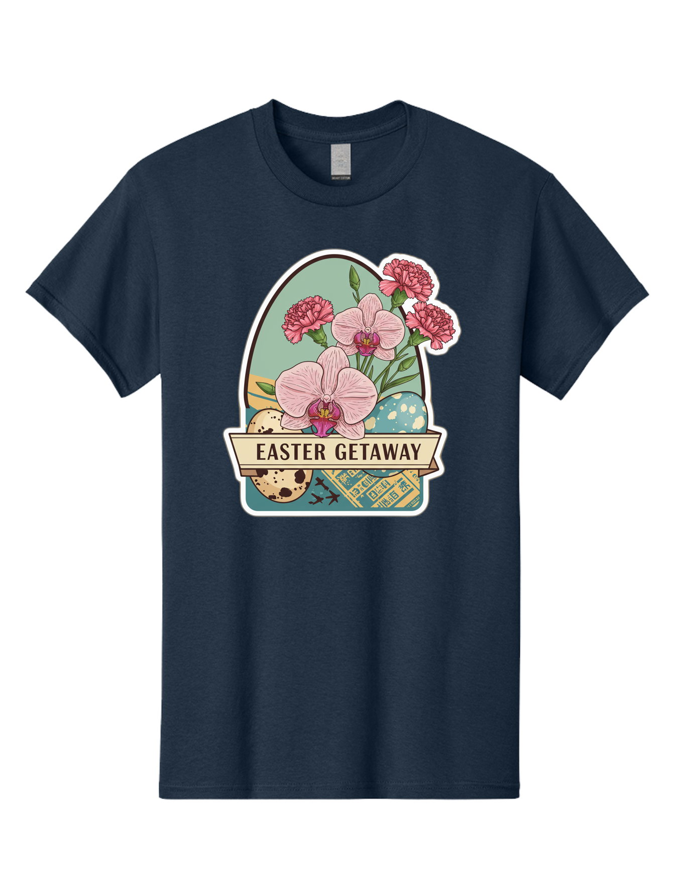 Easter-Getaway Men'S Graphic Tee, 100% Cotton, Comfortable Casual Summer Wear, Machine Washable, Easter Getaway, Easter Egg, Pink Orchids, Carnations, Eggs, Birds, Decorative Egg, Easter Flowers, Spring Flowers, Pastel Colors, Baa628