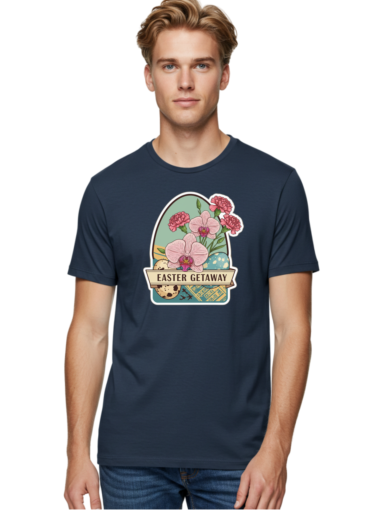 Easter-Getaway Men'S Graphic Tee, 100% Cotton, Comfortable Casual Summer Wear, Machine Washable, Easter Getaway, Easter Egg, Pink Orchids, Carnations, Eggs, Birds, Decorative Egg, Easter Flowers, Spring Flowers, Pastel Colors, Baa628