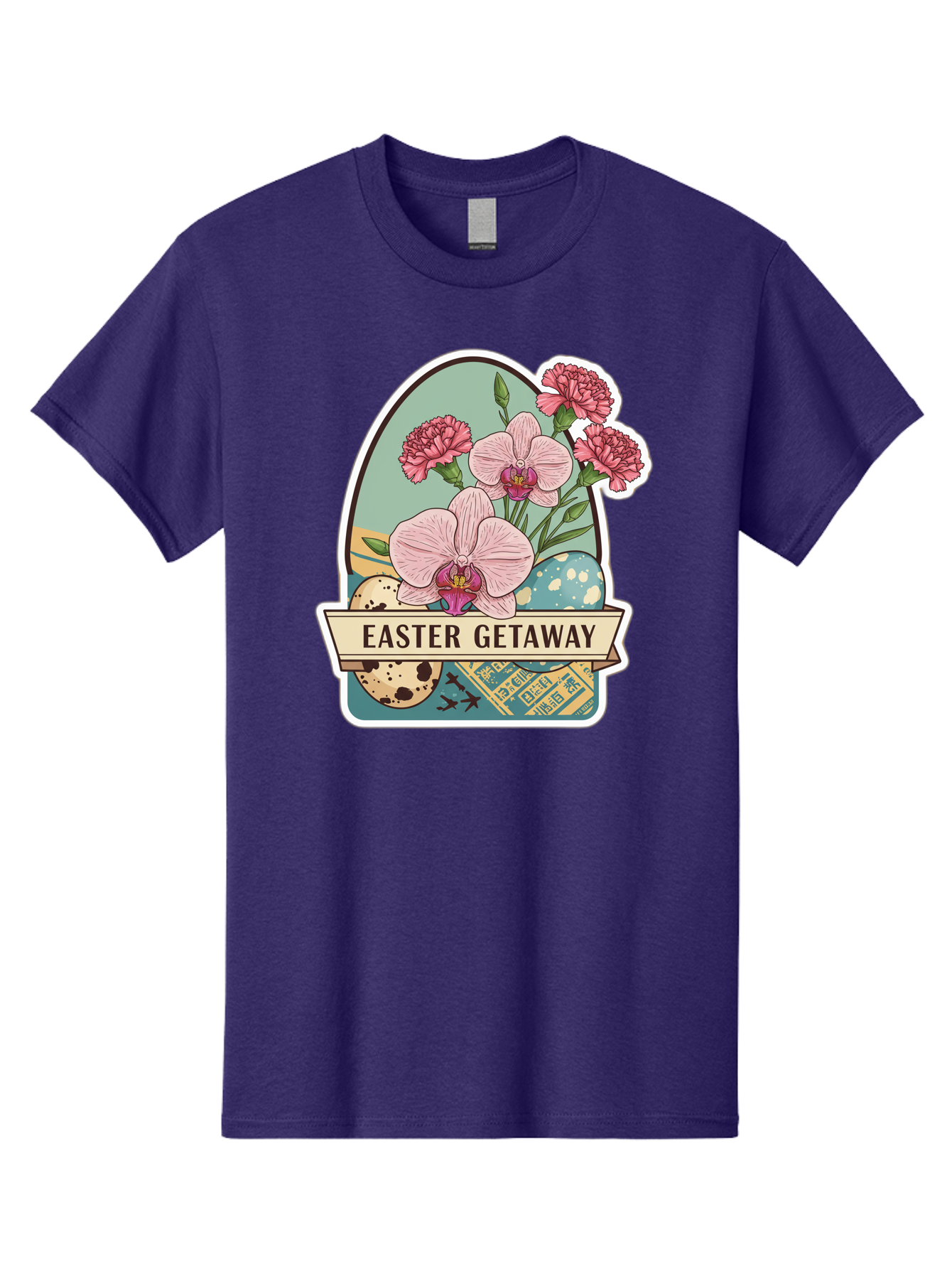 Easter-Getaway Men'S Graphic Tee, 100% Cotton, Comfortable Casual Summer Wear, Machine Washable, Easter Getaway, Easter Egg, Pink Orchids, Carnations, Eggs, Birds, Decorative Egg, Easter Flowers, Spring Flowers, Pastel Colors, Baa628