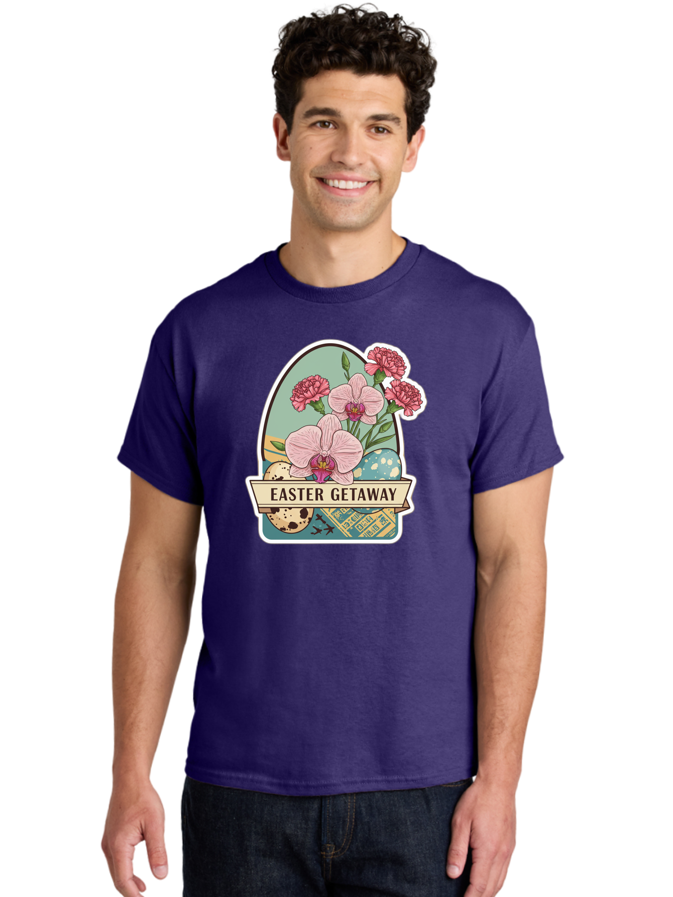 Easter-Getaway Men'S Graphic Tee, 100% Cotton, Comfortable Casual Summer Wear, Machine Washable, Easter Getaway, Easter Egg, Pink Orchids, Carnations, Eggs, Birds, Decorative Egg, Easter Flowers, Spring Flowers, Pastel Colors, Baa628