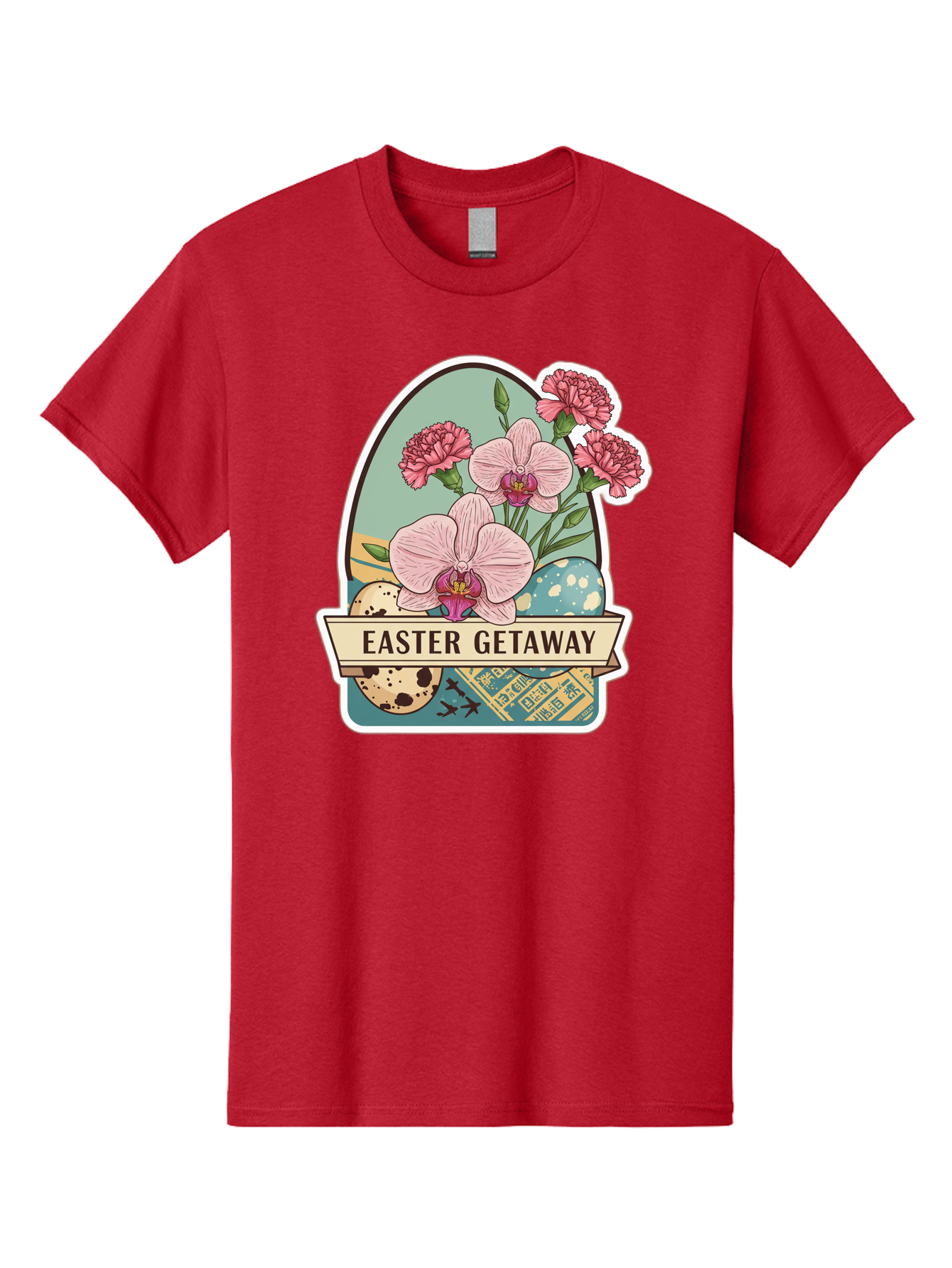 Easter-Getaway Men'S Graphic Tee, 100% Cotton, Comfortable Casual Summer Wear, Machine Washable, Easter Getaway, Easter Egg, Pink Orchids, Carnations, Eggs, Birds, Decorative Egg, Easter Flowers, Spring Flowers, Pastel Colors, Baa628