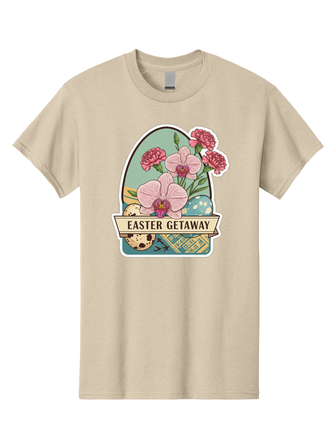 Easter-Getaway Men'S Graphic Tee, 100% Cotton, Comfortable Casual Summer Wear, Machine Washable, Easter Getaway, Easter Egg, Pink Orchids, Carnations, Eggs, Birds, Decorative Egg, Easter Flowers, Spring Flowers, Pastel Colors, Baa628