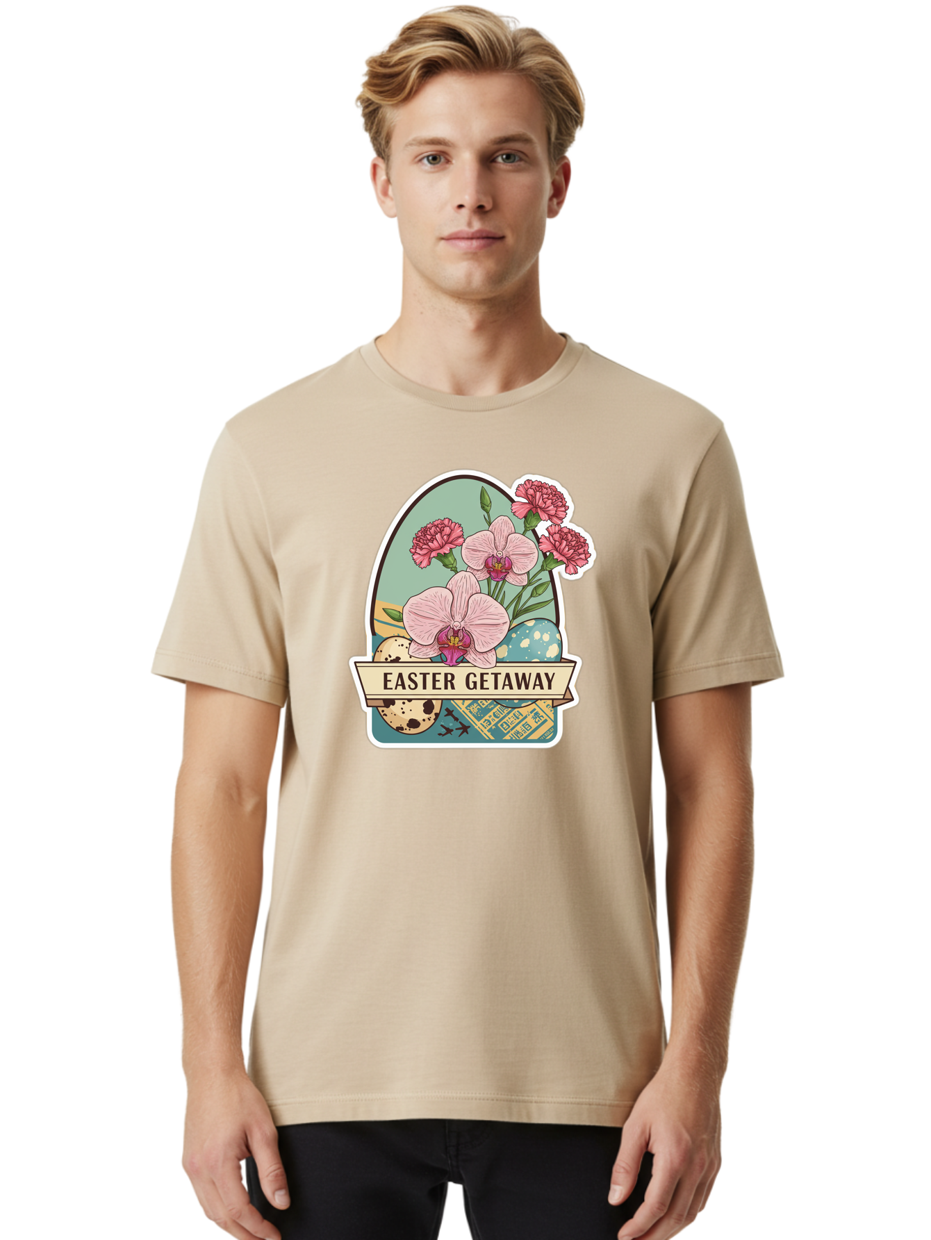 Easter-Getaway Men'S Graphic Tee, 100% Cotton, Comfortable Casual Summer Wear, Machine Washable, Easter Getaway, Easter Egg, Pink Orchids, Carnations, Eggs, Birds, Decorative Egg, Easter Flowers, Spring Flowers, Pastel Colors, Baa628