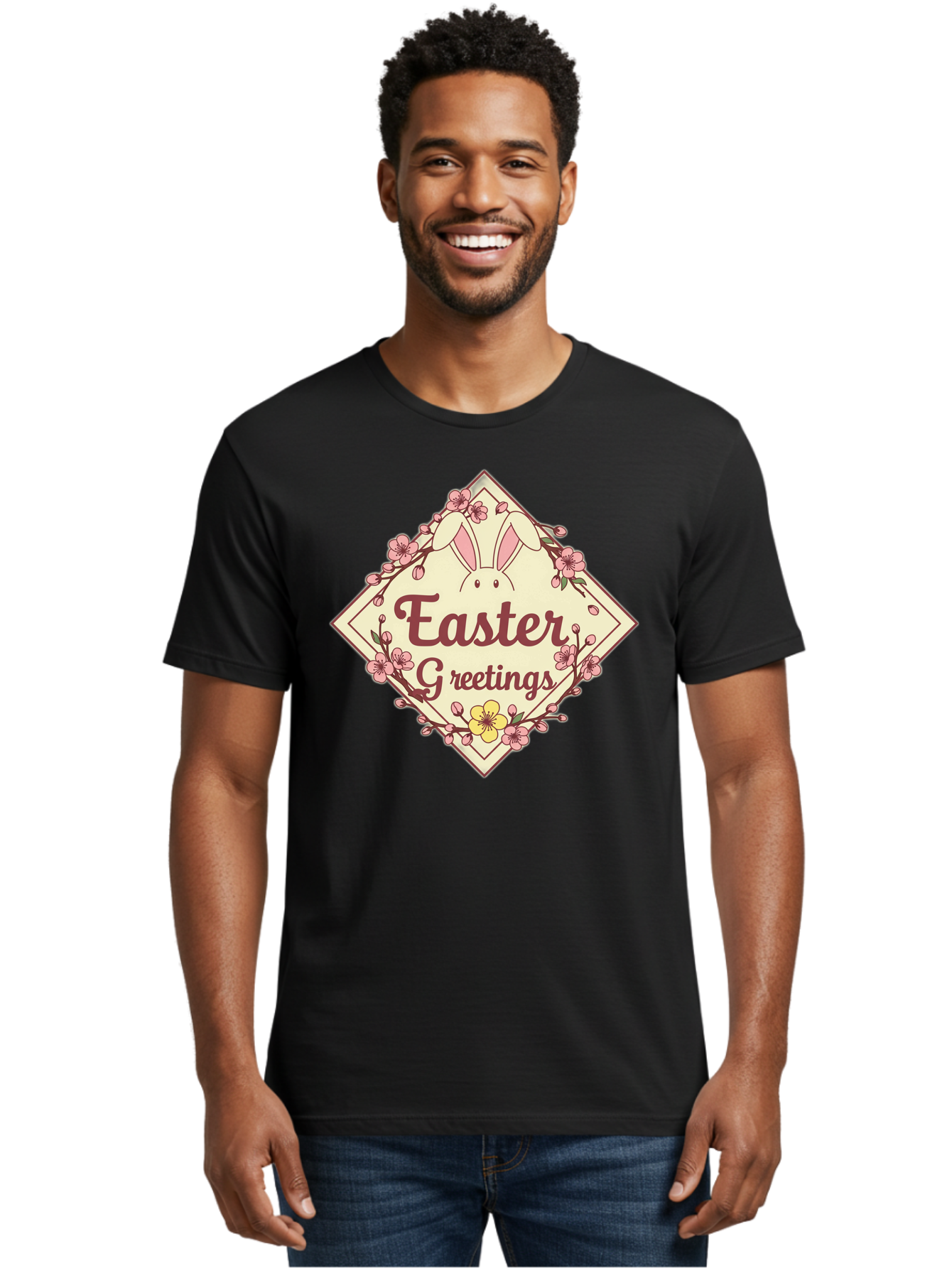 Easter-Greetings Men'S Graphic Tee, 100% Cotton, Comfortable Casual Summer Wear, Machine Washable, Easter Bunny, Easter Greetings, Floral Wreath, Pastel Colors, Spring Flowers, Easter Wishes, Festive Design Baa629