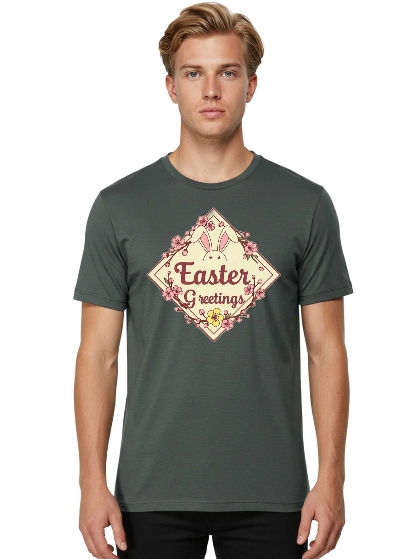Easter-Greetings Men'S Graphic Tee, 100% Cotton, Comfortable Casual Summer Wear, Machine Washable, Easter Bunny, Easter Greetings, Floral Wreath, Pastel Colors, Spring Flowers, Easter Wishes, Festive Design Baa629