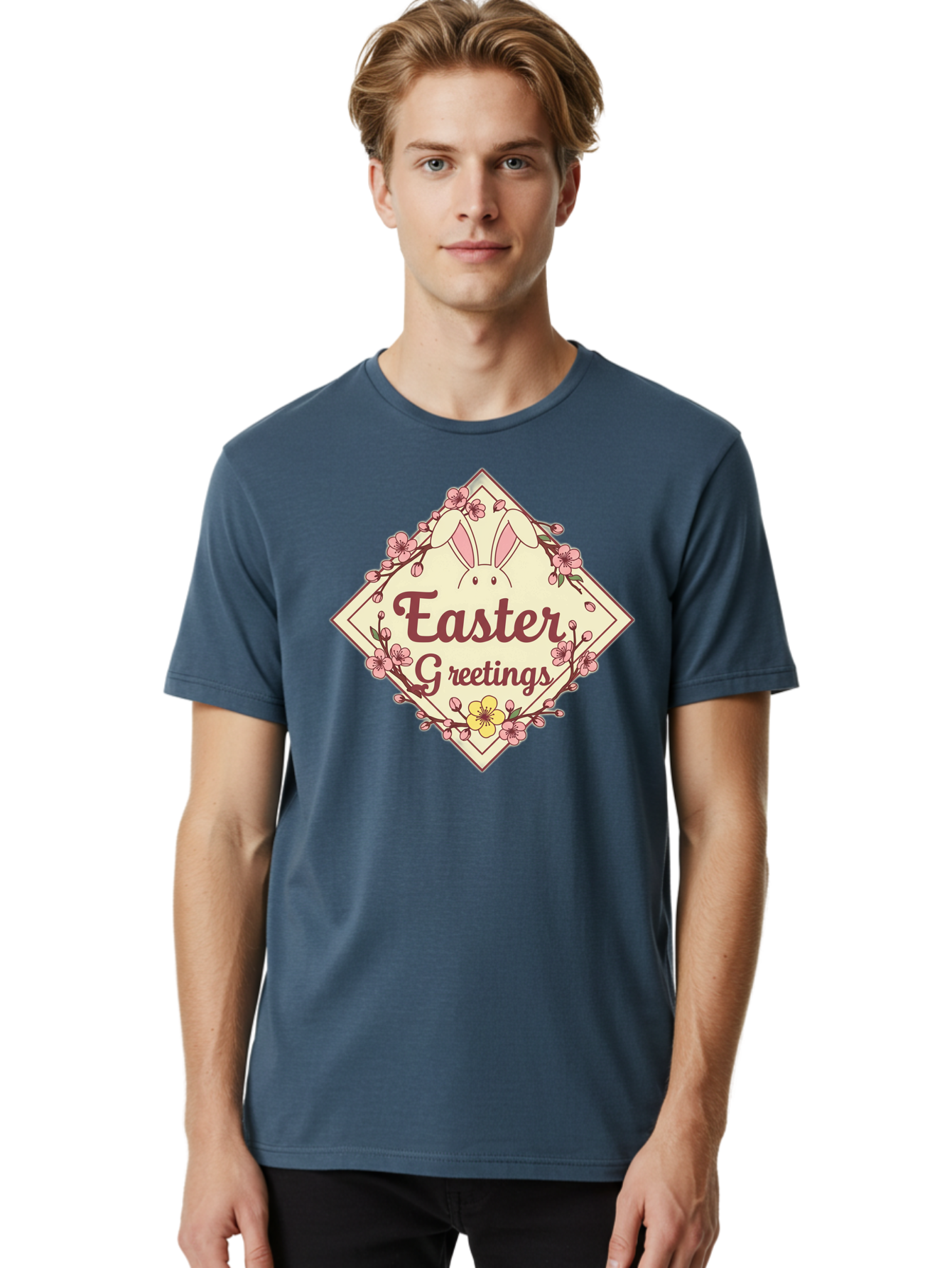 Easter-Greetings Men'S Graphic Tee, 100% Cotton, Comfortable Casual Summer Wear, Machine Washable, Easter Bunny, Easter Greetings, Floral Wreath, Pastel Colors, Spring Flowers, Easter Wishes, Festive Design Baa629