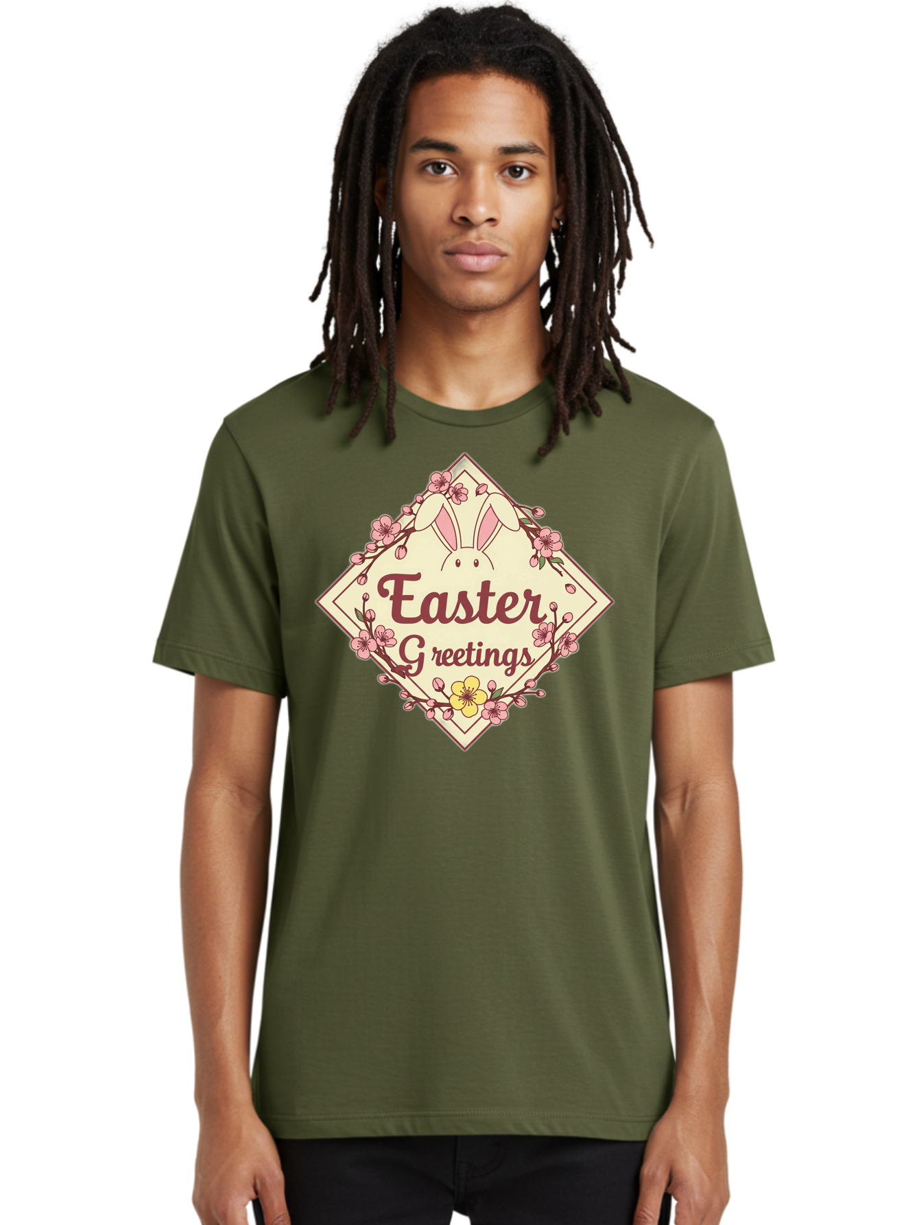 Easter-Greetings Men'S Graphic Tee, 100% Cotton, Comfortable Casual Summer Wear, Machine Washable, Easter Bunny, Easter Greetings, Floral Wreath, Pastel Colors, Spring Flowers, Easter Wishes, Festive Design Baa629